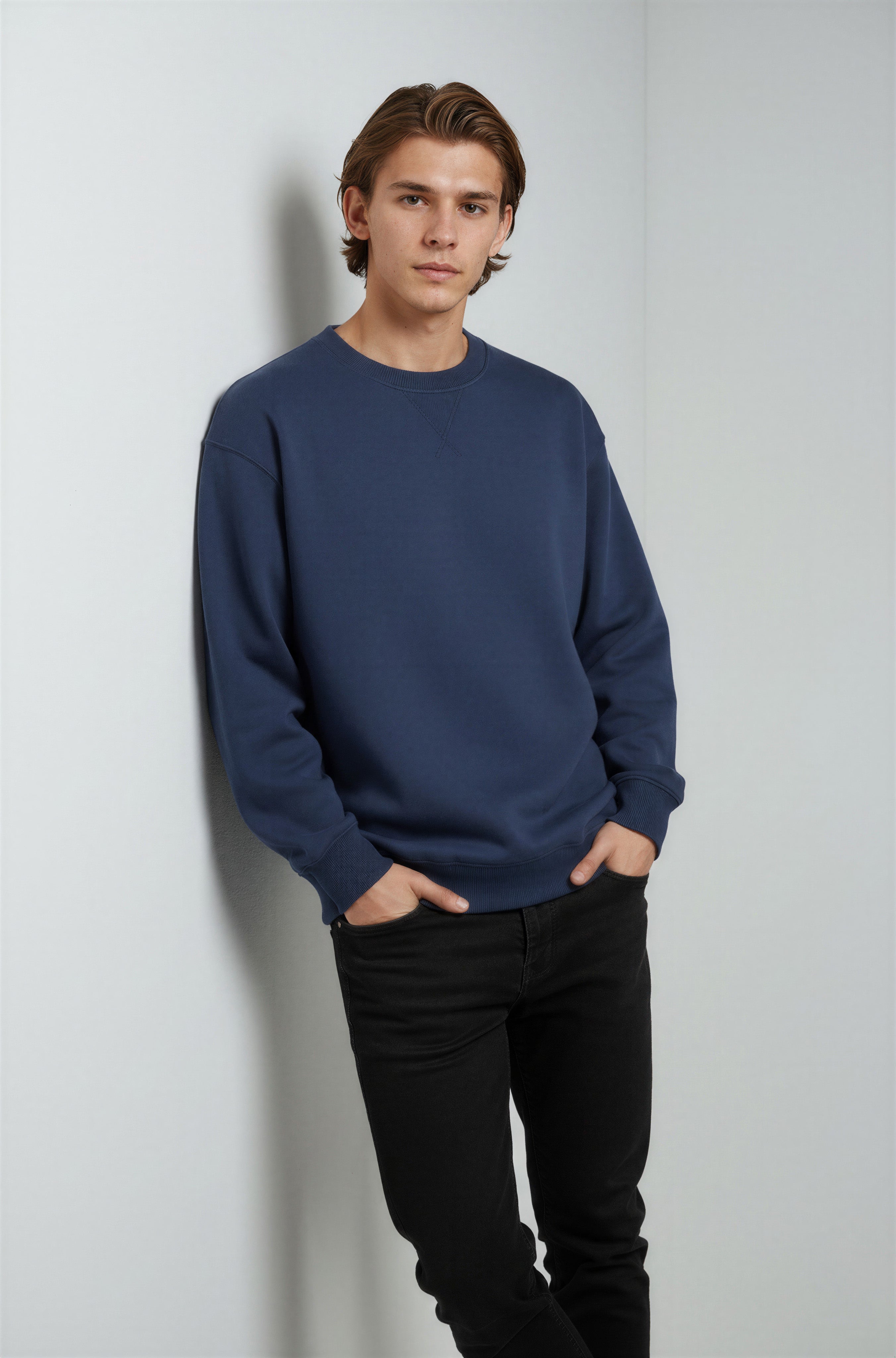 Herre Heavyweight Oversized Rundhalset Striktrøje – Marineblå - - Sweater - Valmont Wear