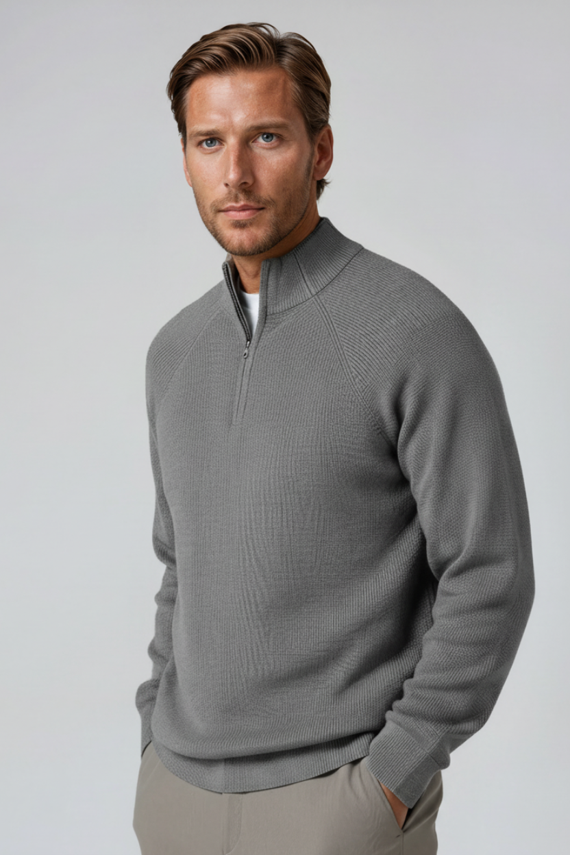 Herre Half-Zip Striktrøje med Ståkrave – Grå - Grå - Striktrøje - Valmont Wear