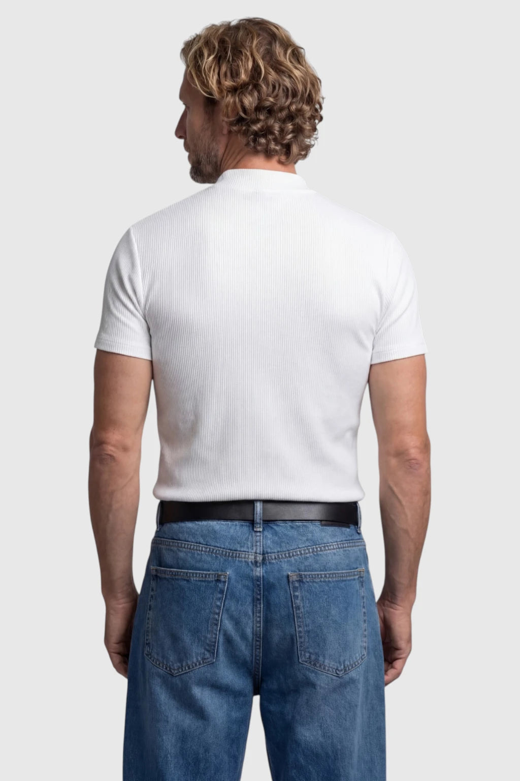 Herre Ribstrikket Mock Neck Slim Fit T-Shirt – Hvid