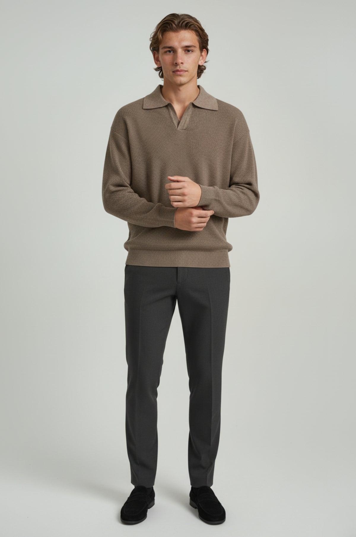 Herrestrikskjorte med lange ærmer og reverskrave – Taupebrun – Regular Fit - - Sweatre - Valmont Wear