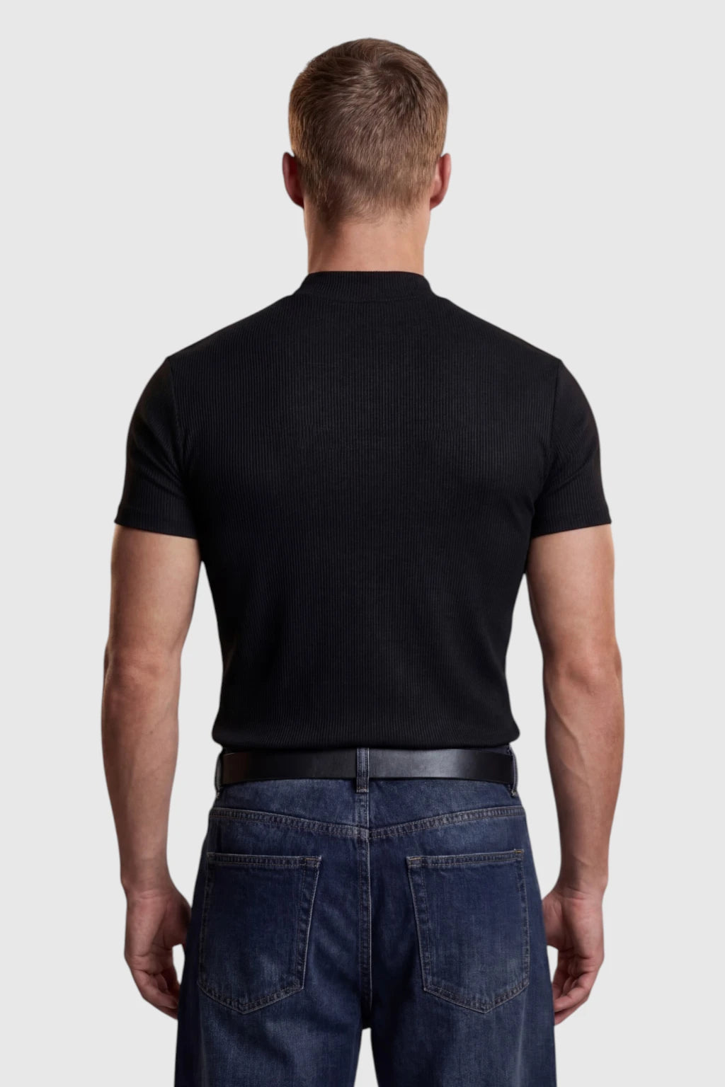 Herre Ribstrikket Mock Neck Slim Fit T-Shirt – Sort