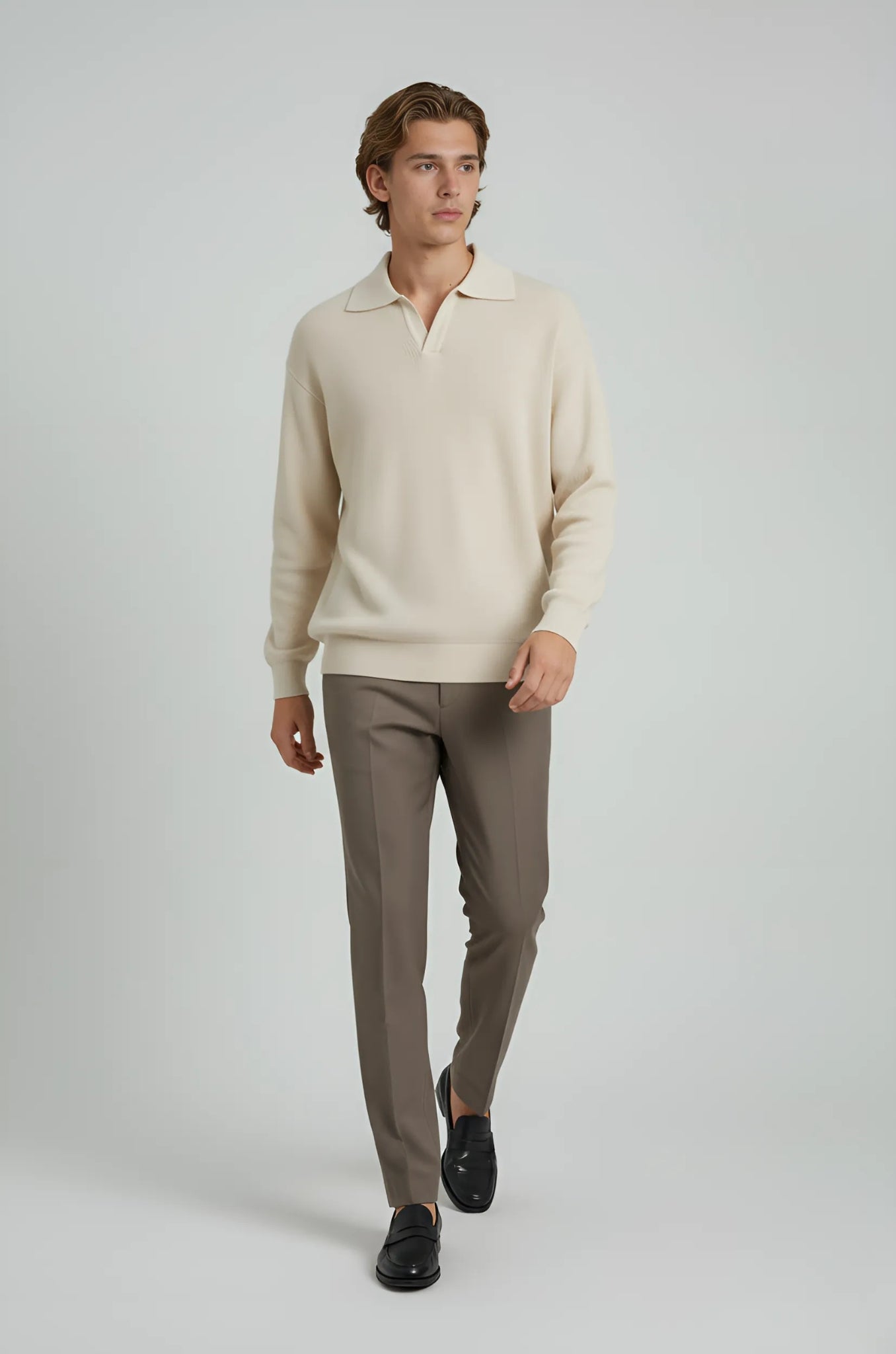 Herre polo strikskjorte med lange ærmer og krave – Creme – Regular Fit - - Sweatre - Valmont Wear