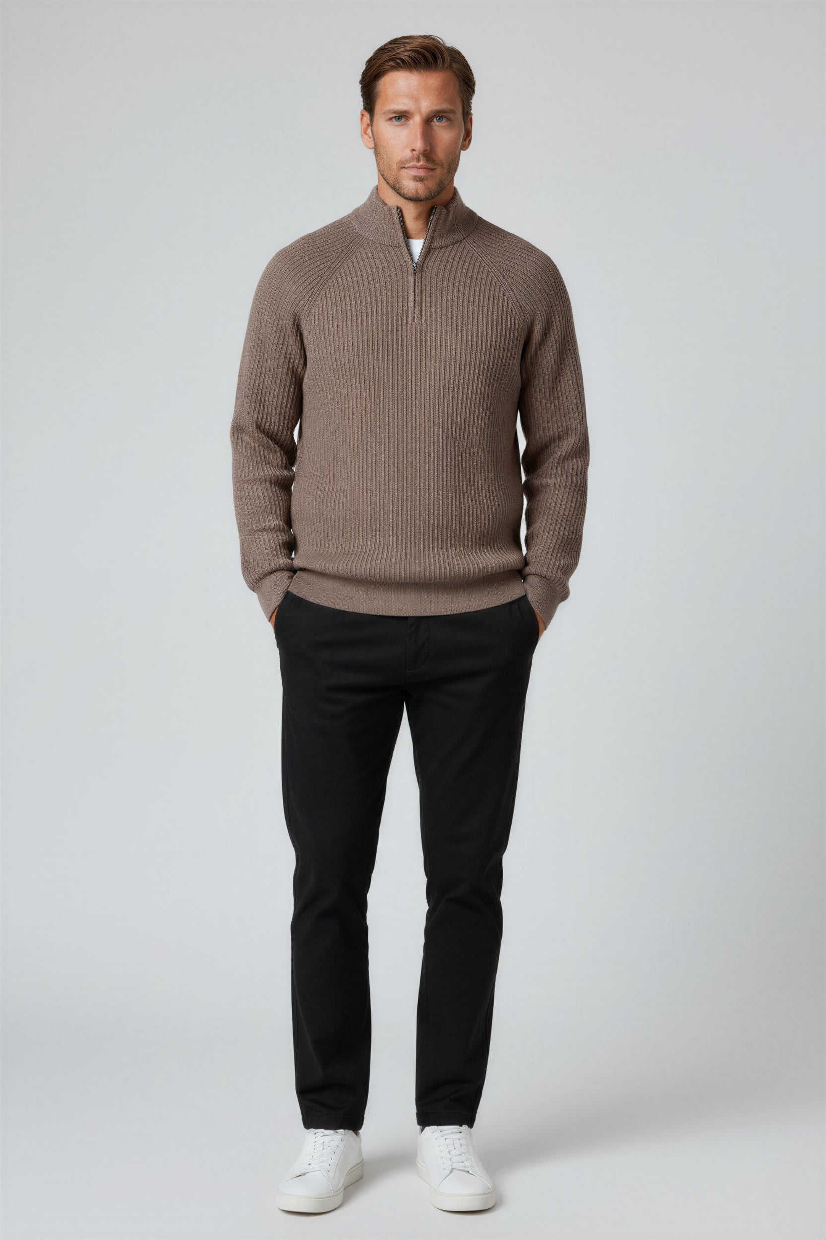 Herre Half-Zip Striktrøje med Ståkrave – Taupe Brun