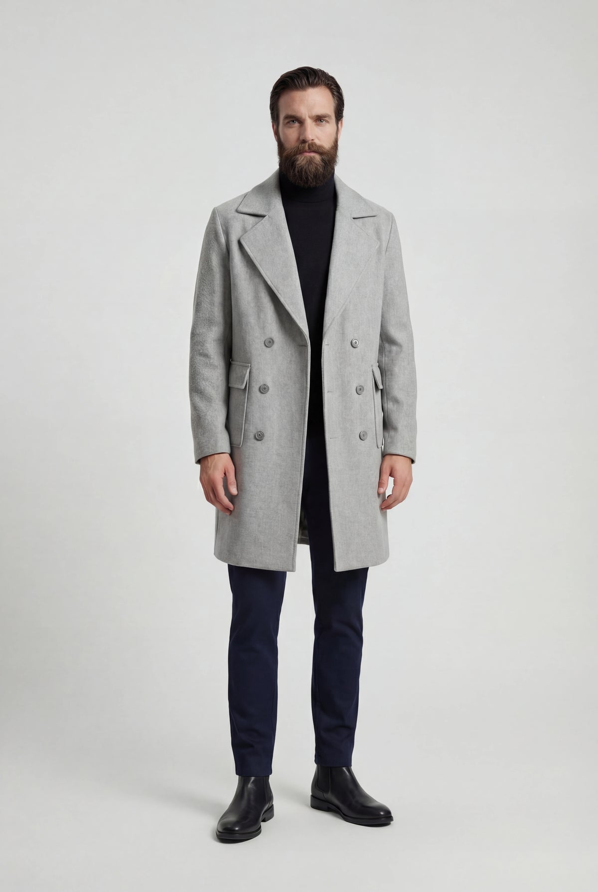 Herre dobbeltradet uldfrakke, knælængde, lysegrå - Coat - Valmont Wear