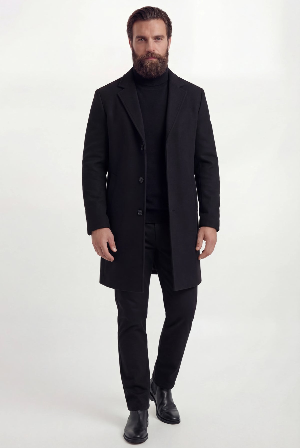 Herre enkeltradet sort frakke med revers og knaplukning