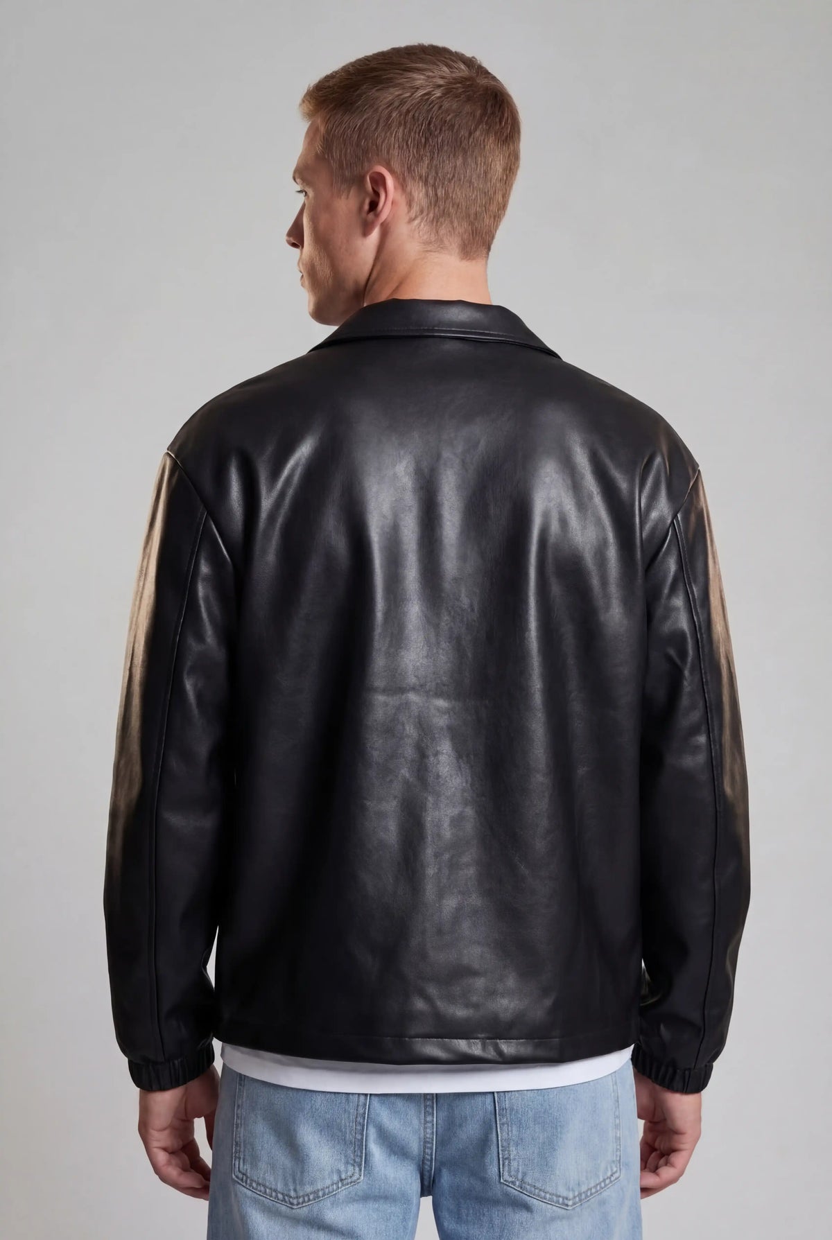 Herre Læderlook Jakke Sort Regular Fit Lynlås Sort Laeder