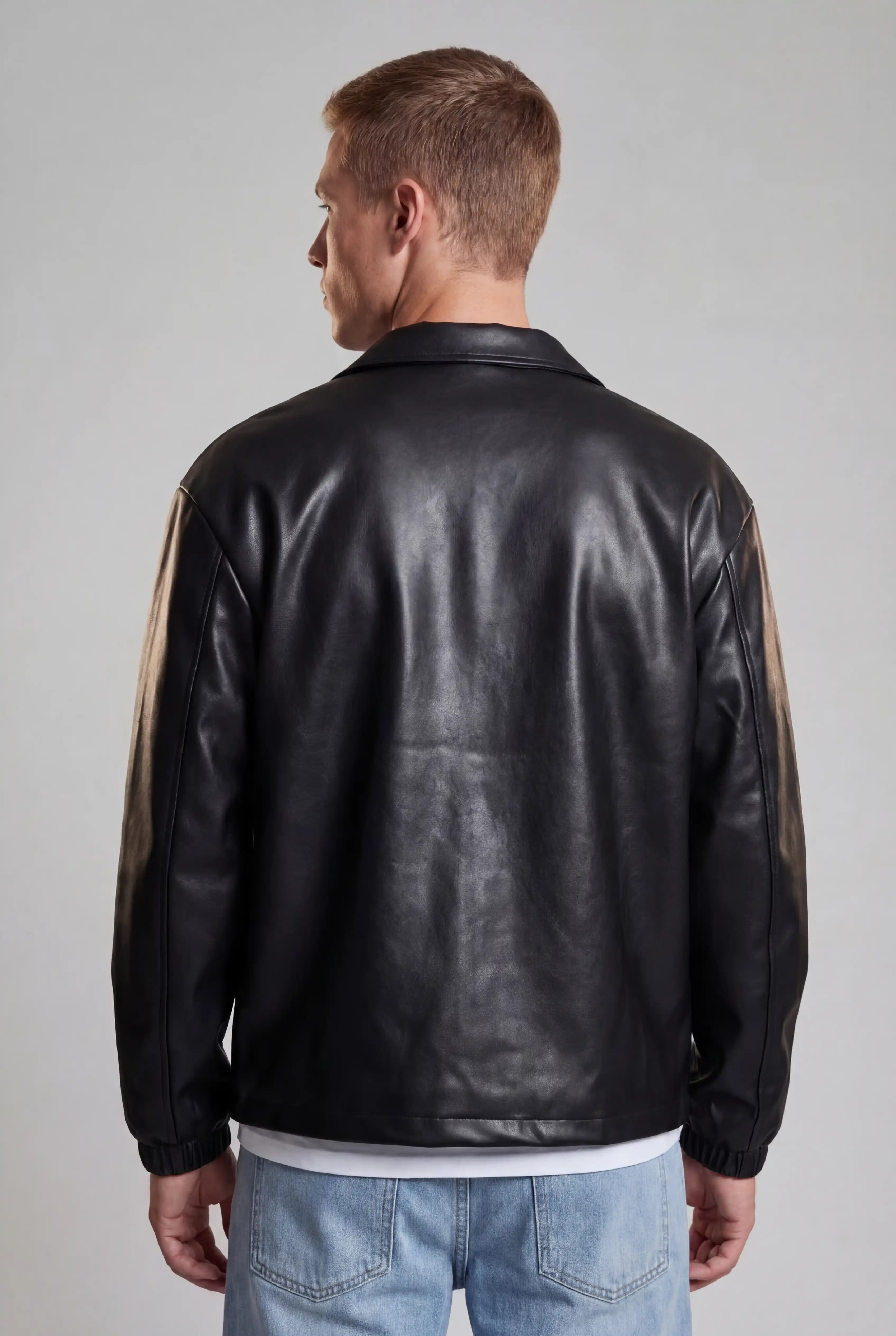 Herre Læderlook Jakke Sort Regular Fit Lynlås Sort Laeder
