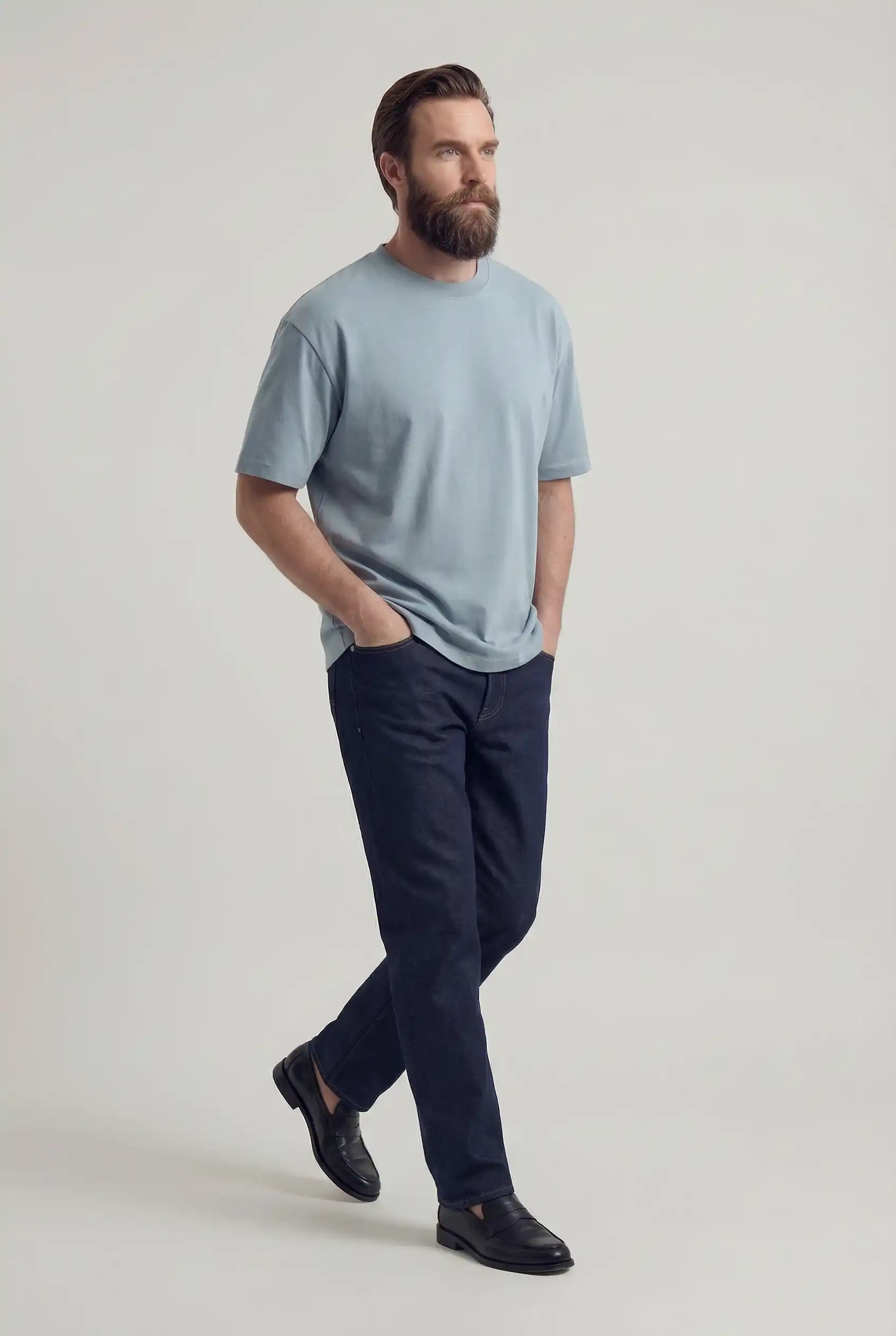 Herre T-shirt i Bomuld – Åndbar Kortærmet Rund Hals – Tågeblå