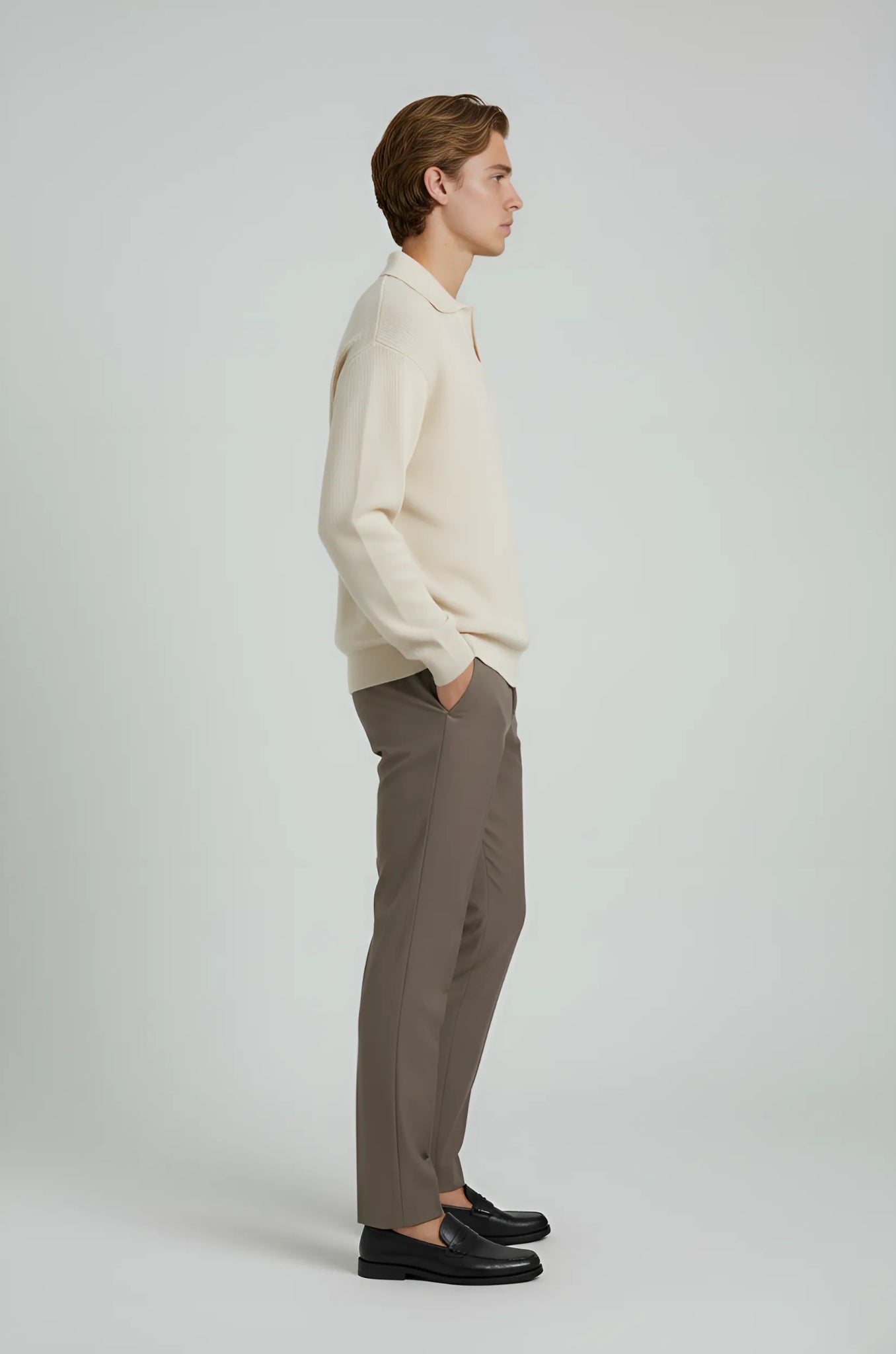 Herre polo strikskjorte med lange ærmer og krave – Creme – Regular Fit - - Sweatre - Valmont Wear