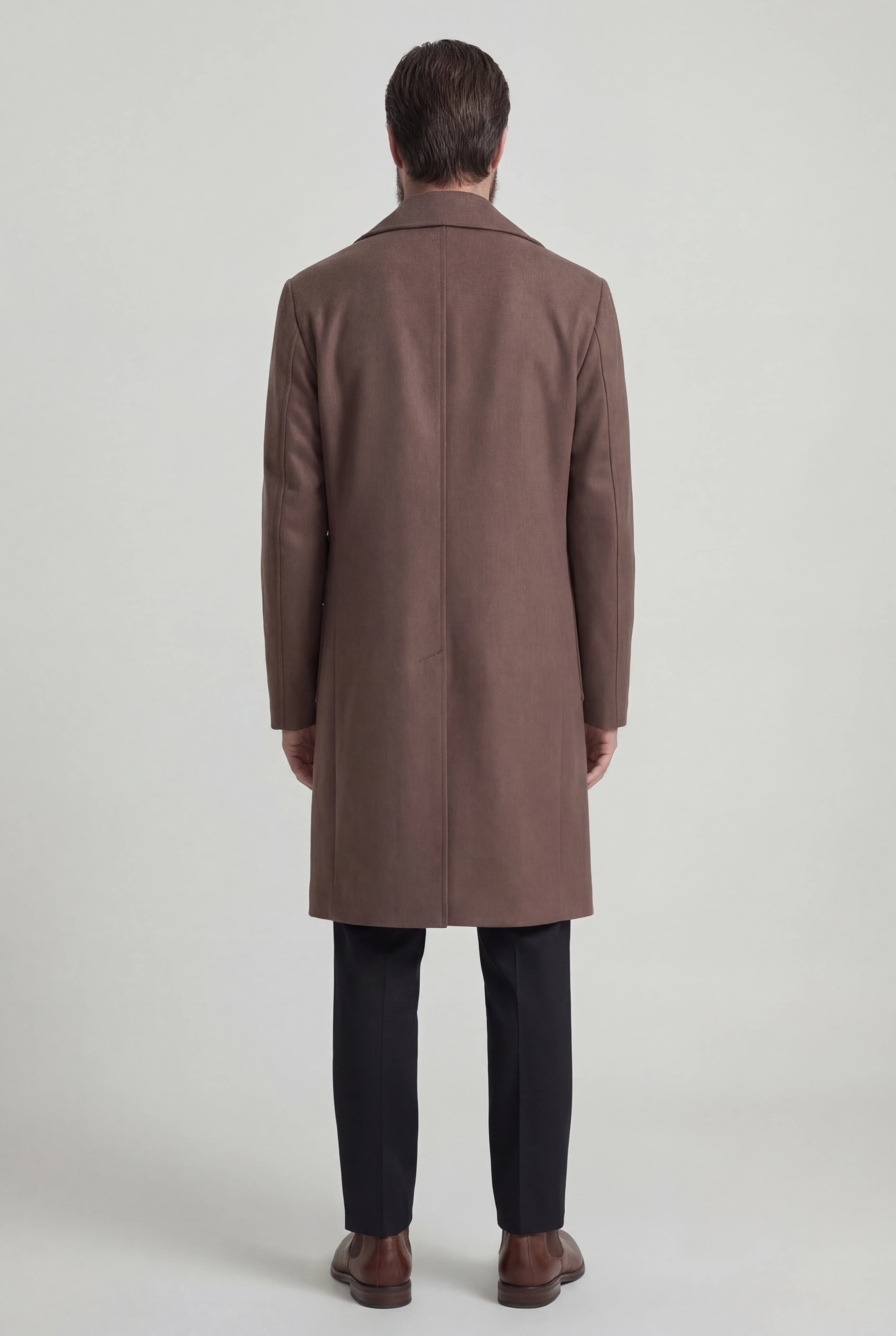 Herre dobbeltbrystet ulden frakke i brun, knælængde