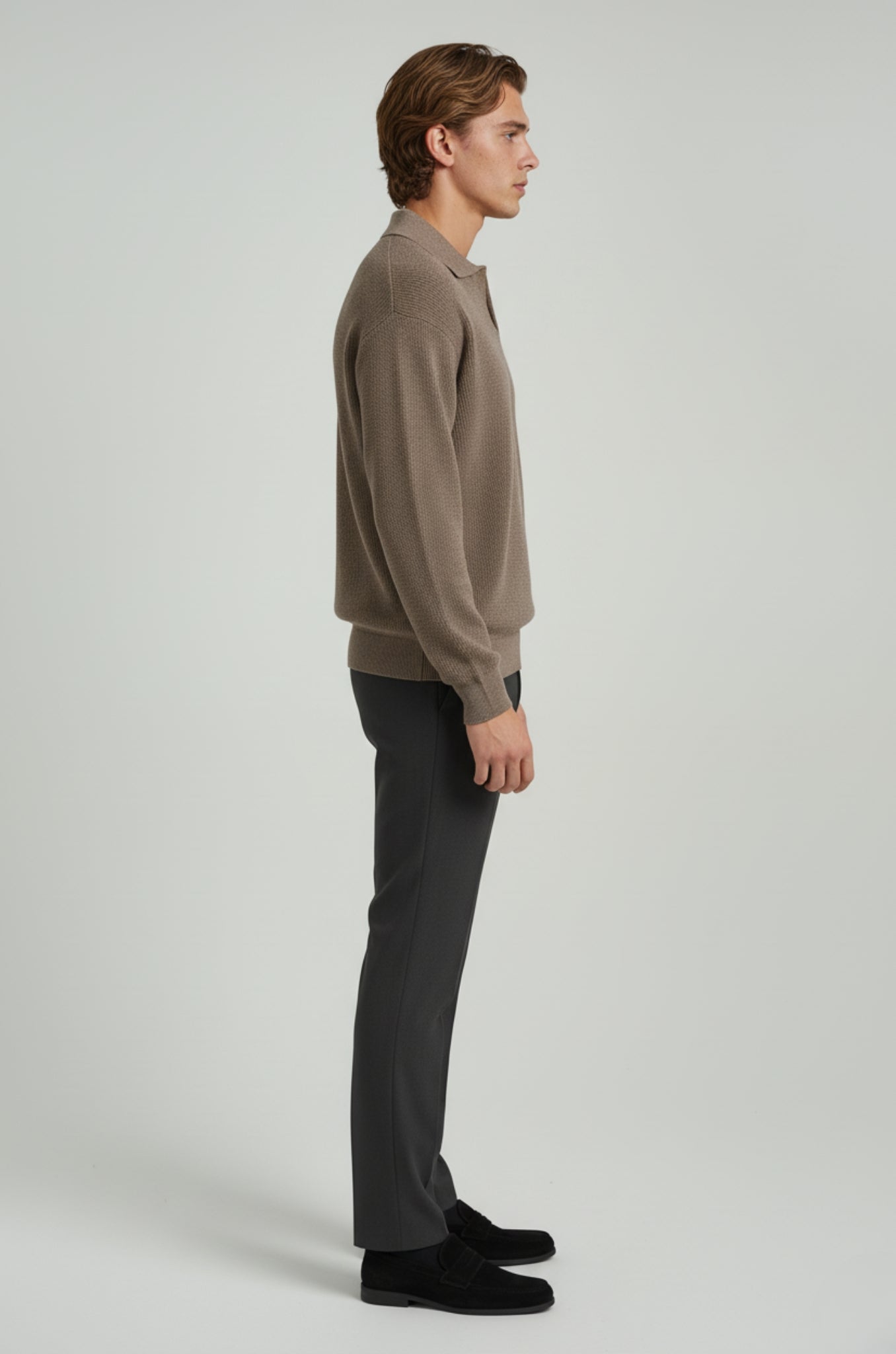 Herrestrikskjorte med lange ærmer og reverskrave – Taupebrun – Regular Fit - - Sweatre - Valmont Wear