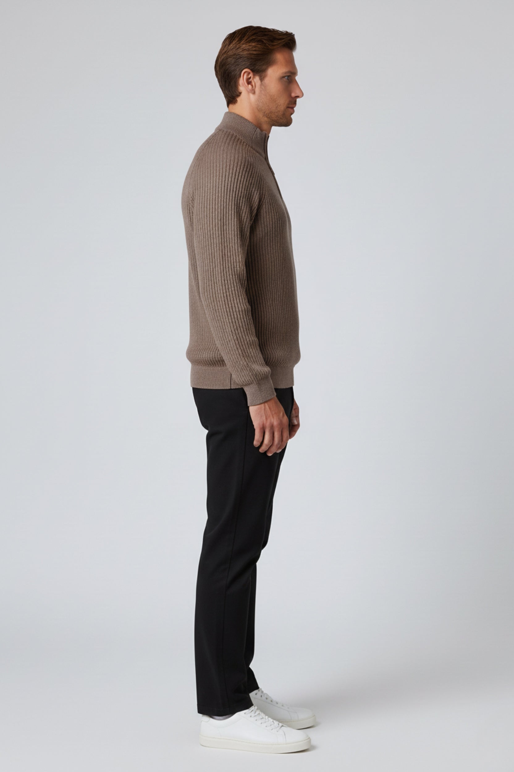 Herre Half-Zip Striktrøje med Ståkrave – Taupe Brun