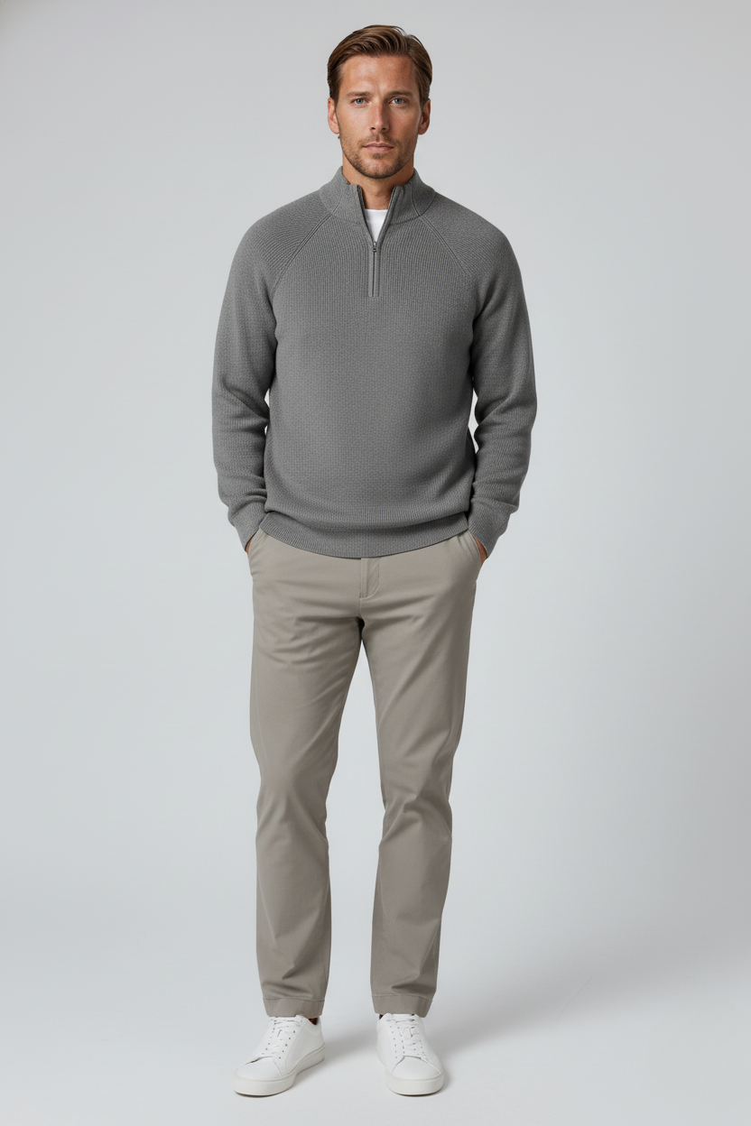 Herre Half-Zip Striktrøje med Ståkrave – Grå - - Striktrøje - Valmont Wear