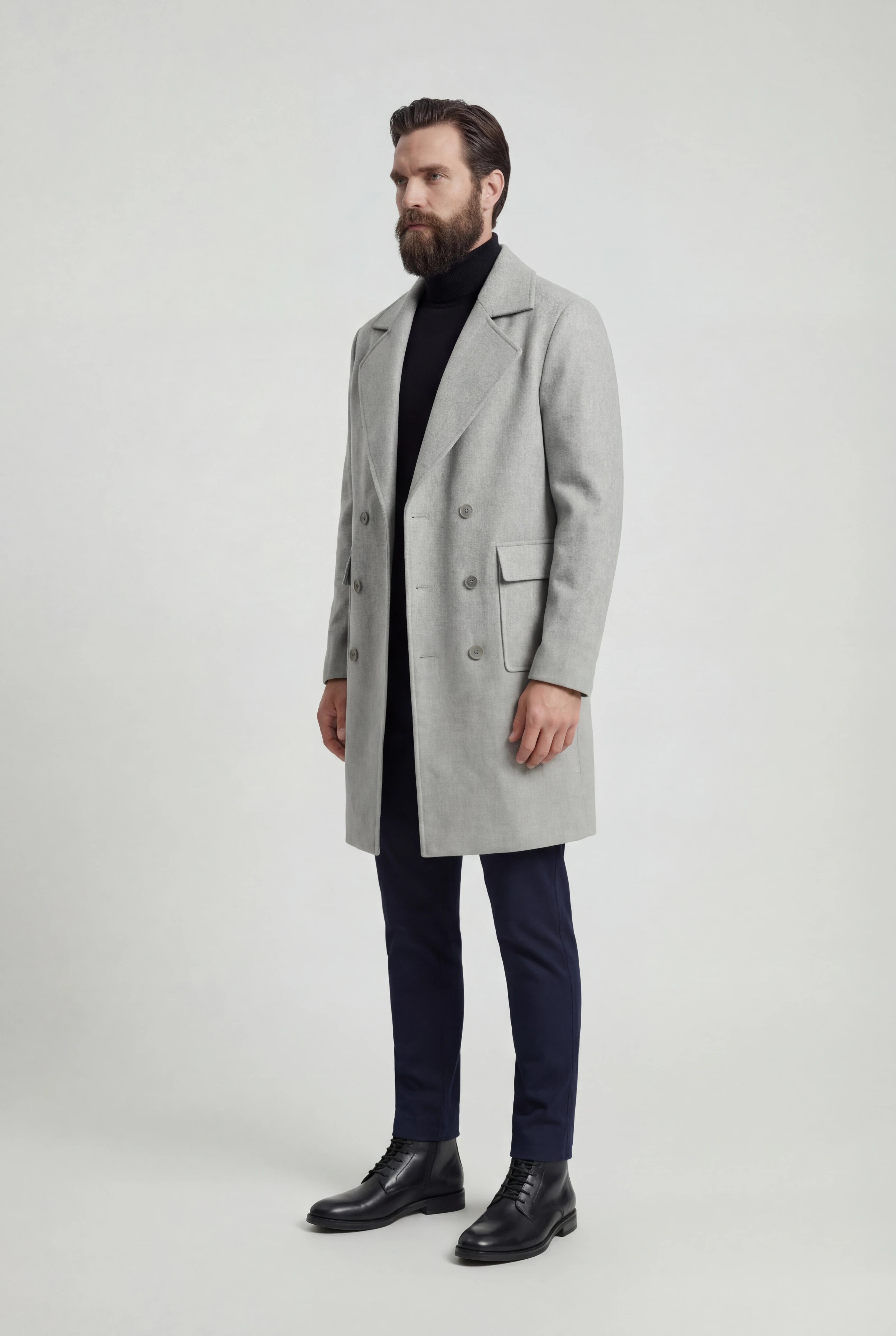 Herre dobbeltradet uldfrakke, knælængde, lysegrå