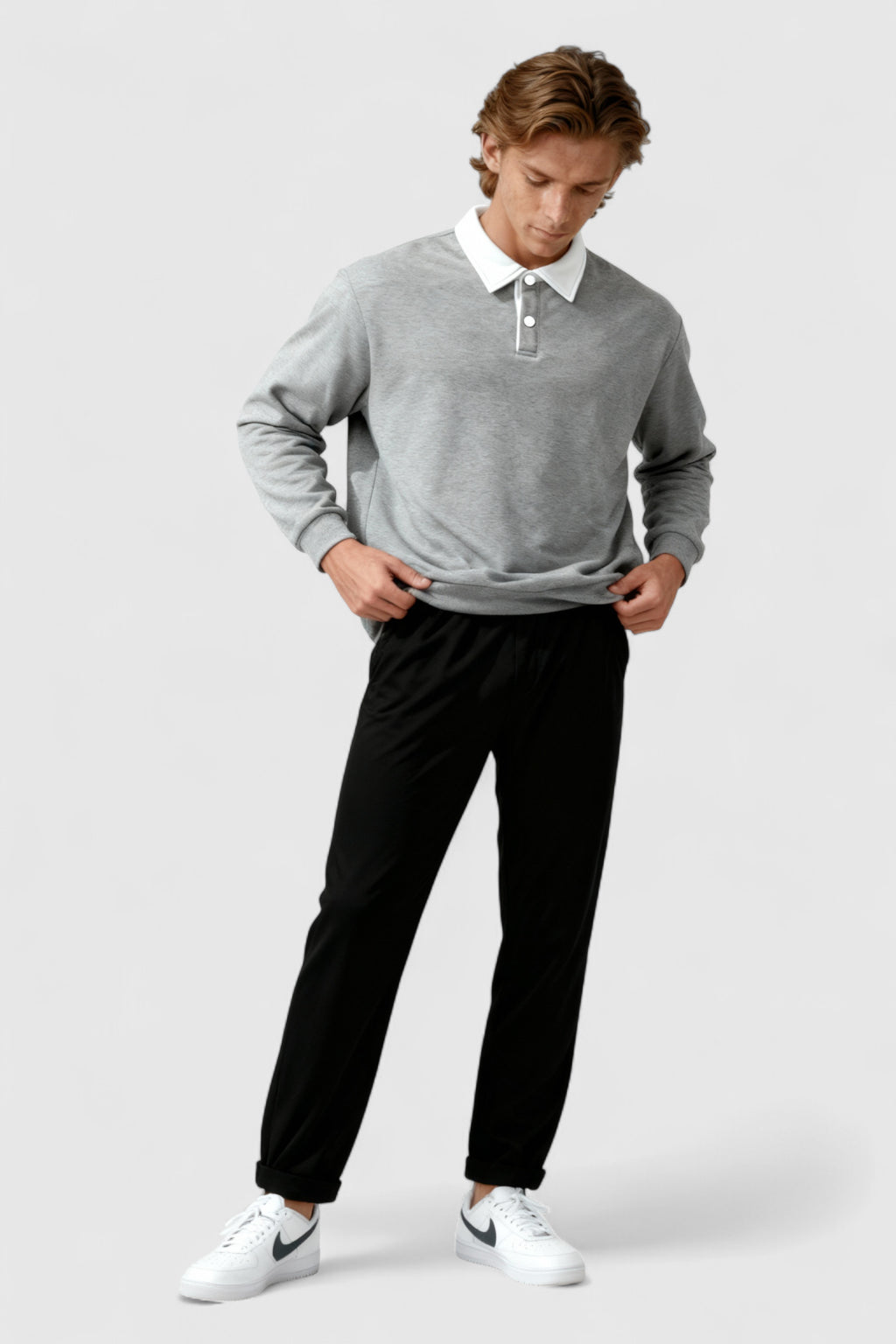 Herre Sweatshirt med Kontrastkrave og Polokrave – Grå