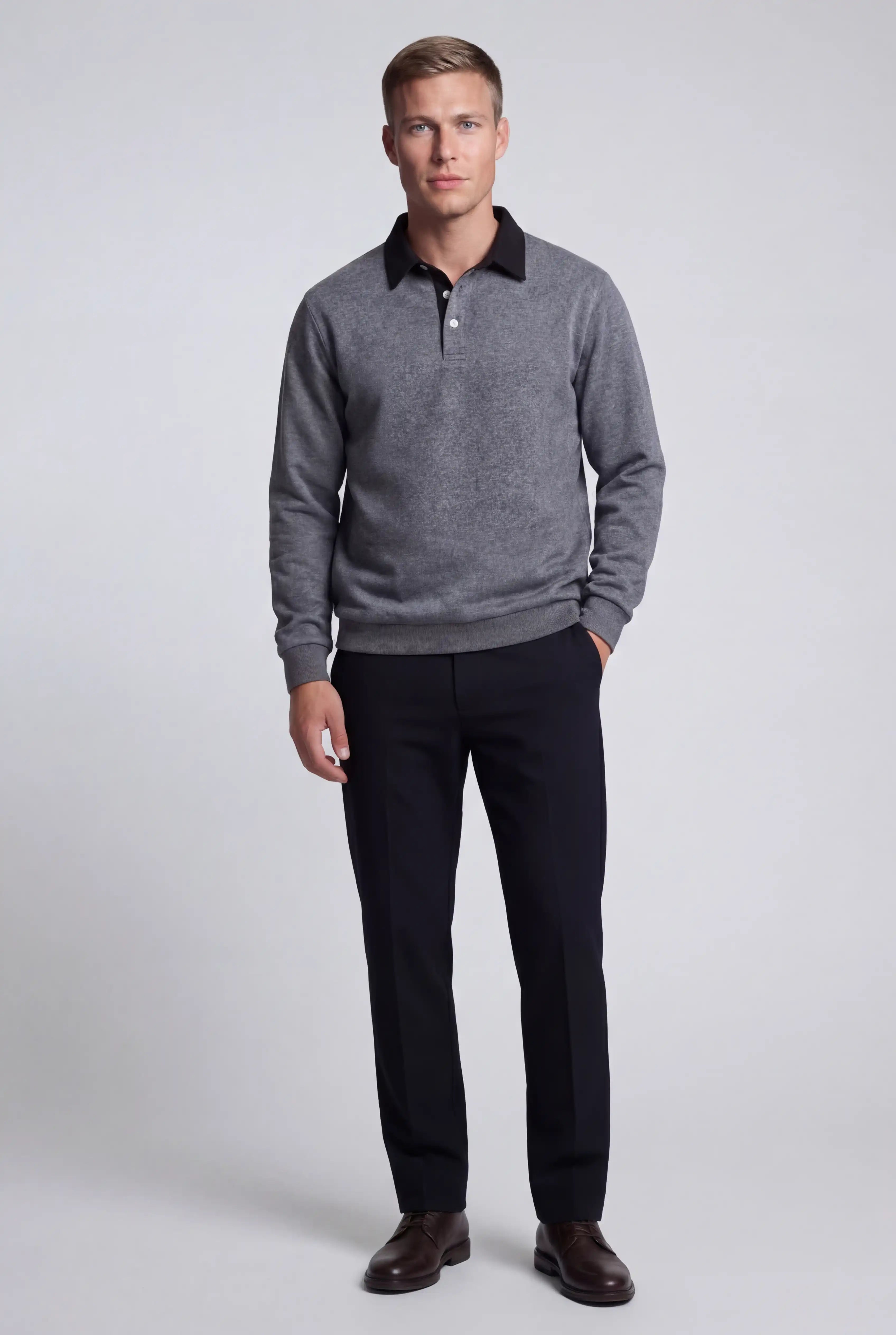 Herre Sweatshirt med Kontrastkrave og Polokrave – Grå melange