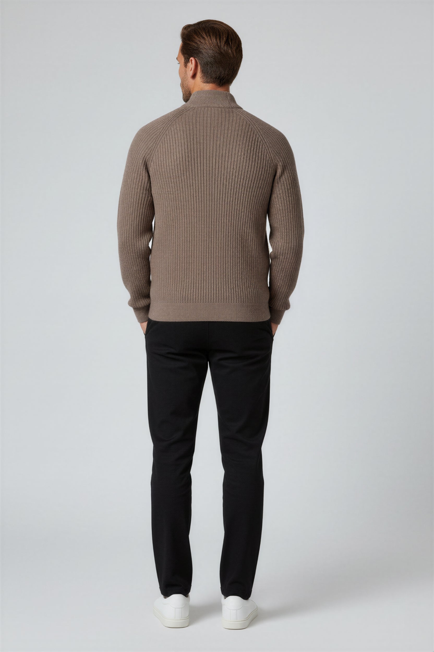 Herre Half-Zip Striktrøje med Ståkrave – Taupe Brun