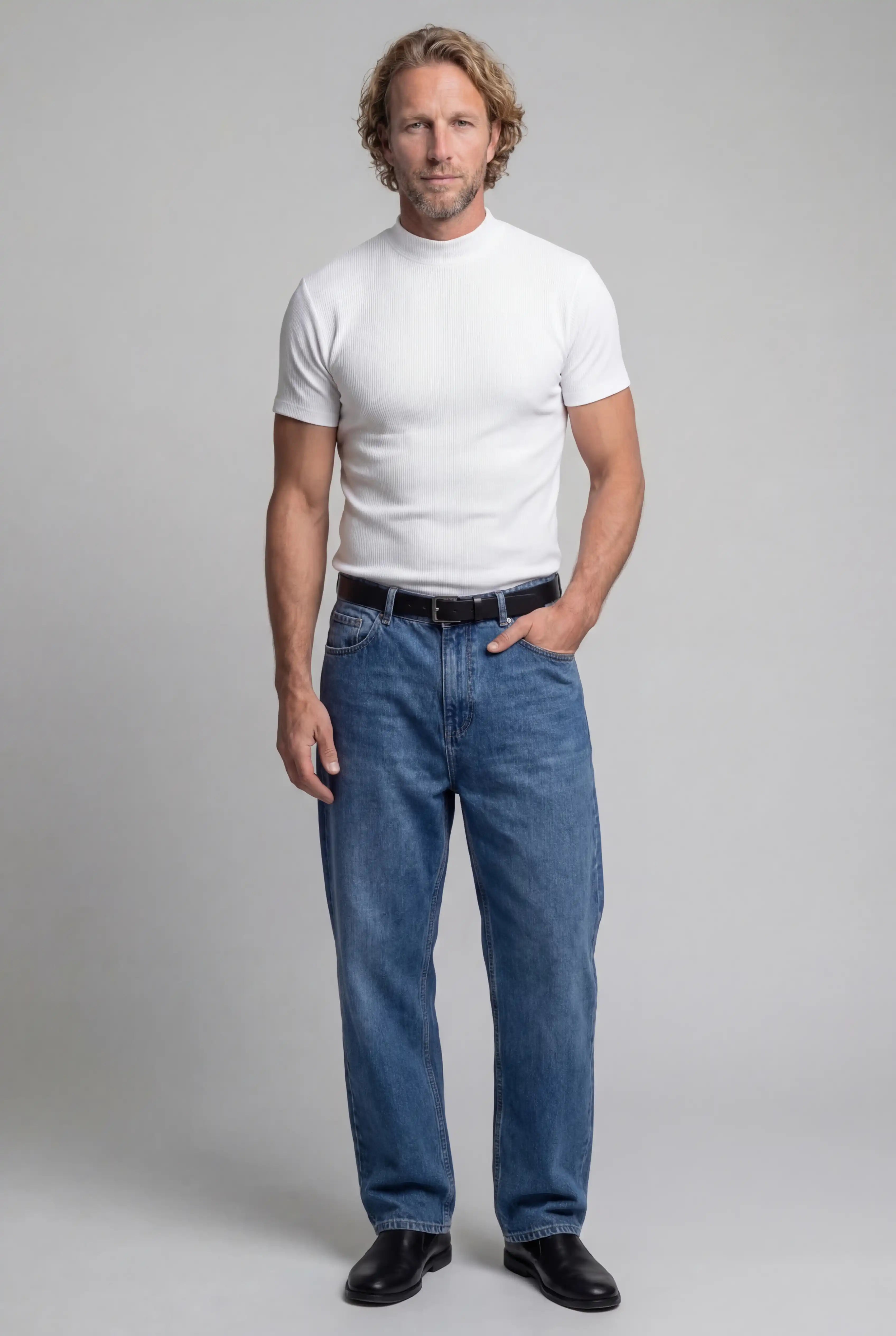 Herre Ribstrikket Mock Neck Slim Fit T-Shirt – Hvid