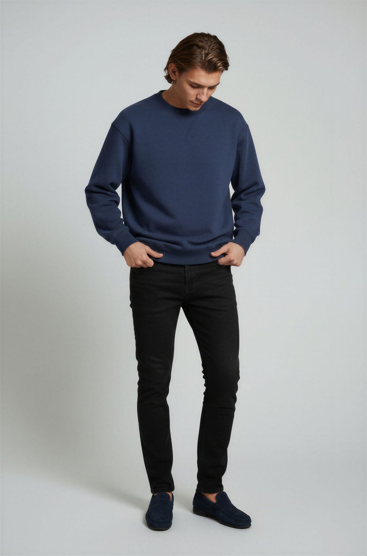 Herre Heavyweight Oversized Rundhalset Striktrøje – Marineblå - - Sweater - Valmont Wear