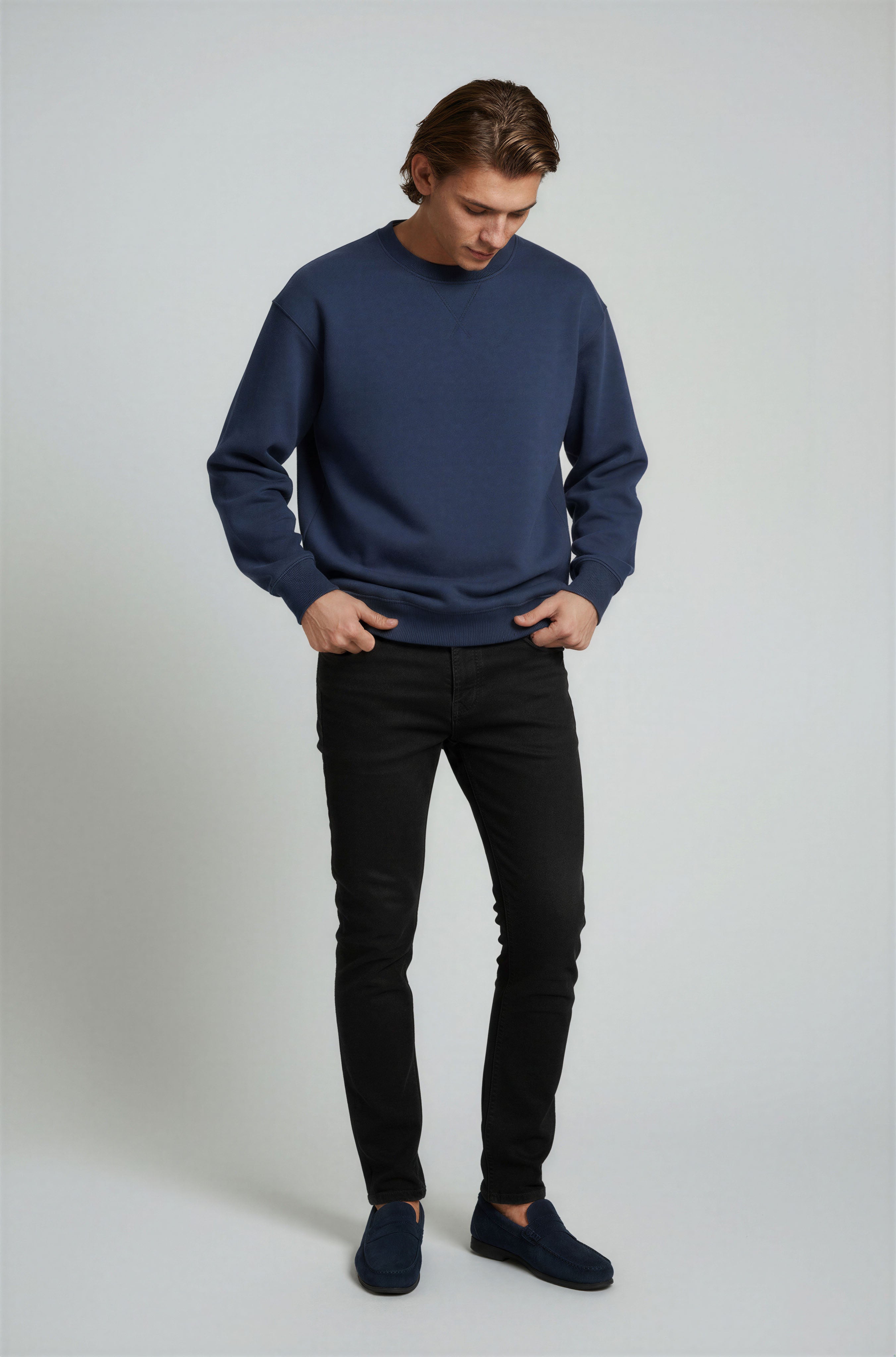 Herre Heavyweight Oversized Rundhalset Striktrøje – Marineblå - - Sweater - Valmont Wear