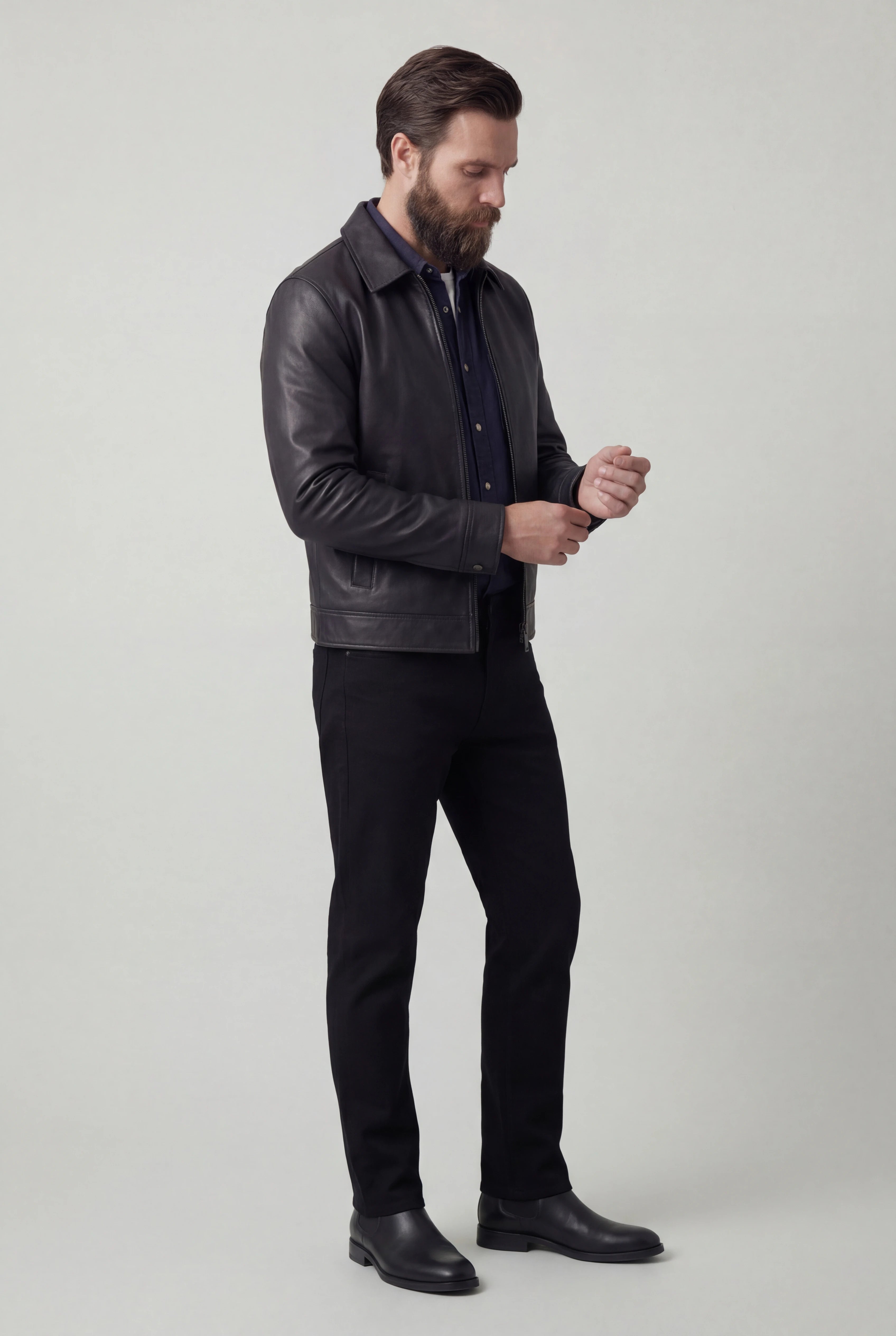 Herrejakke med læderlook og lynlåslukning – Sort