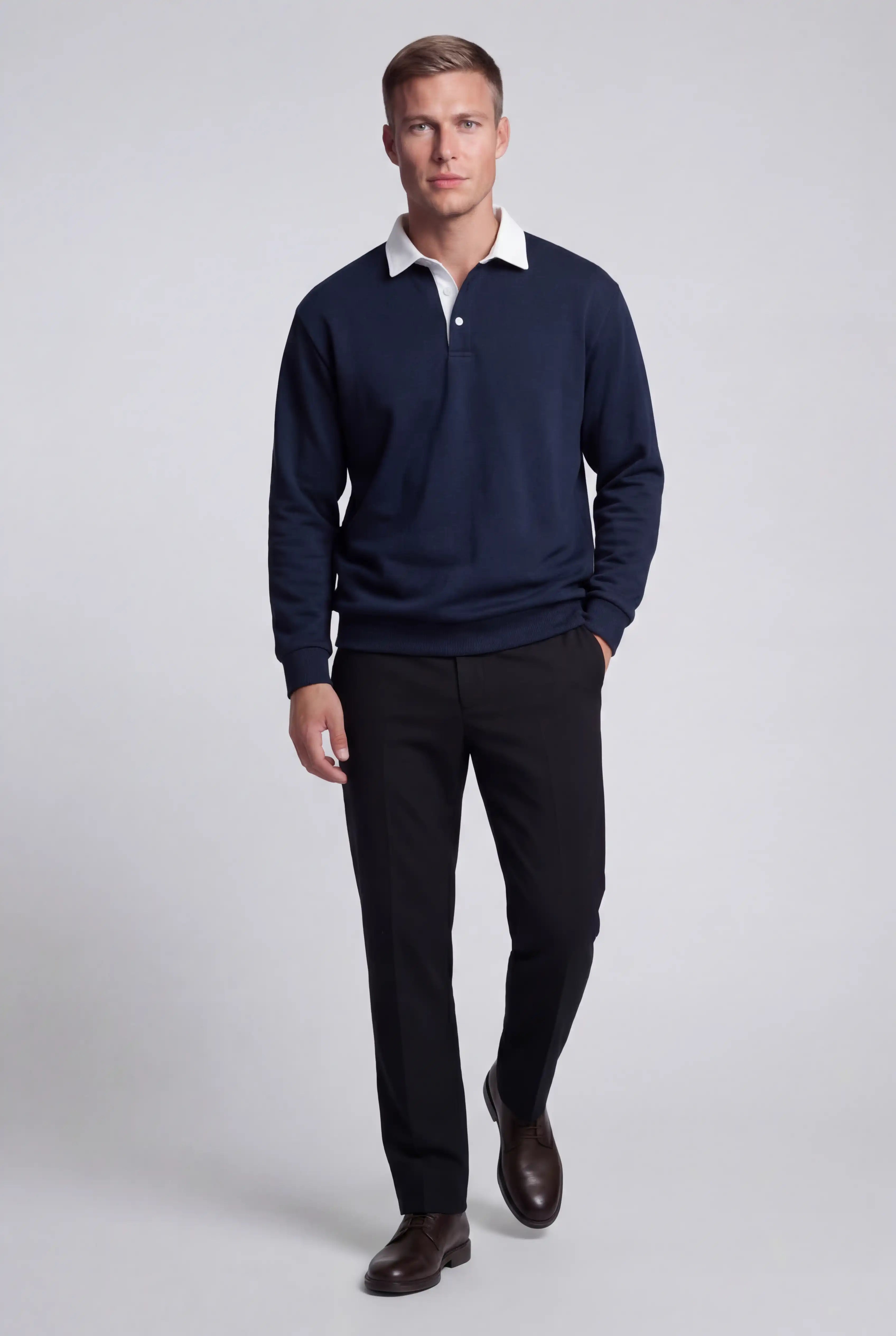 Herre Sweatshirt med Kontrastkrave og Polokrave – Mørkeblå