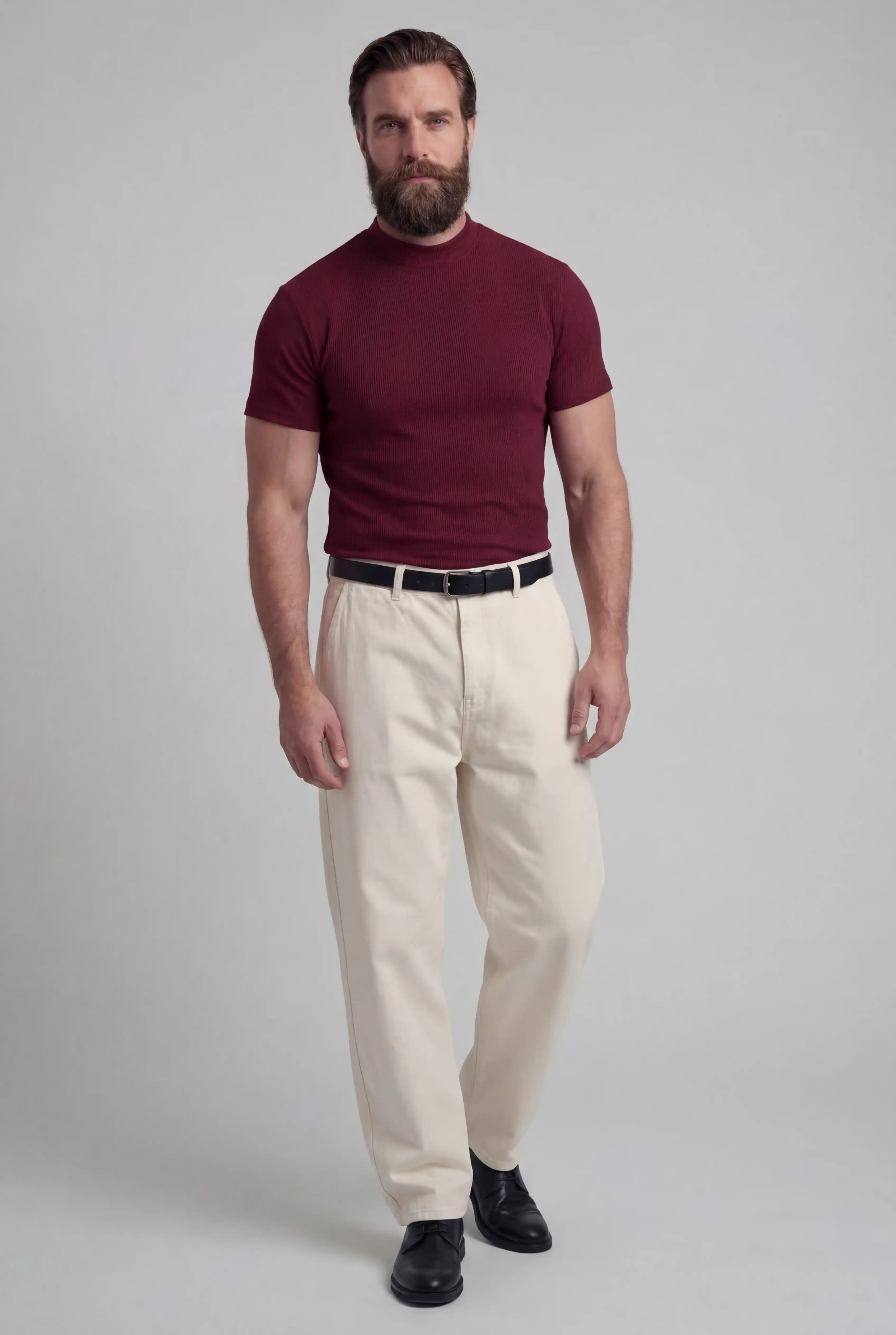 Ribstrikket Mock Neck T-Shirt Herre Slim Fit – Bordeaux