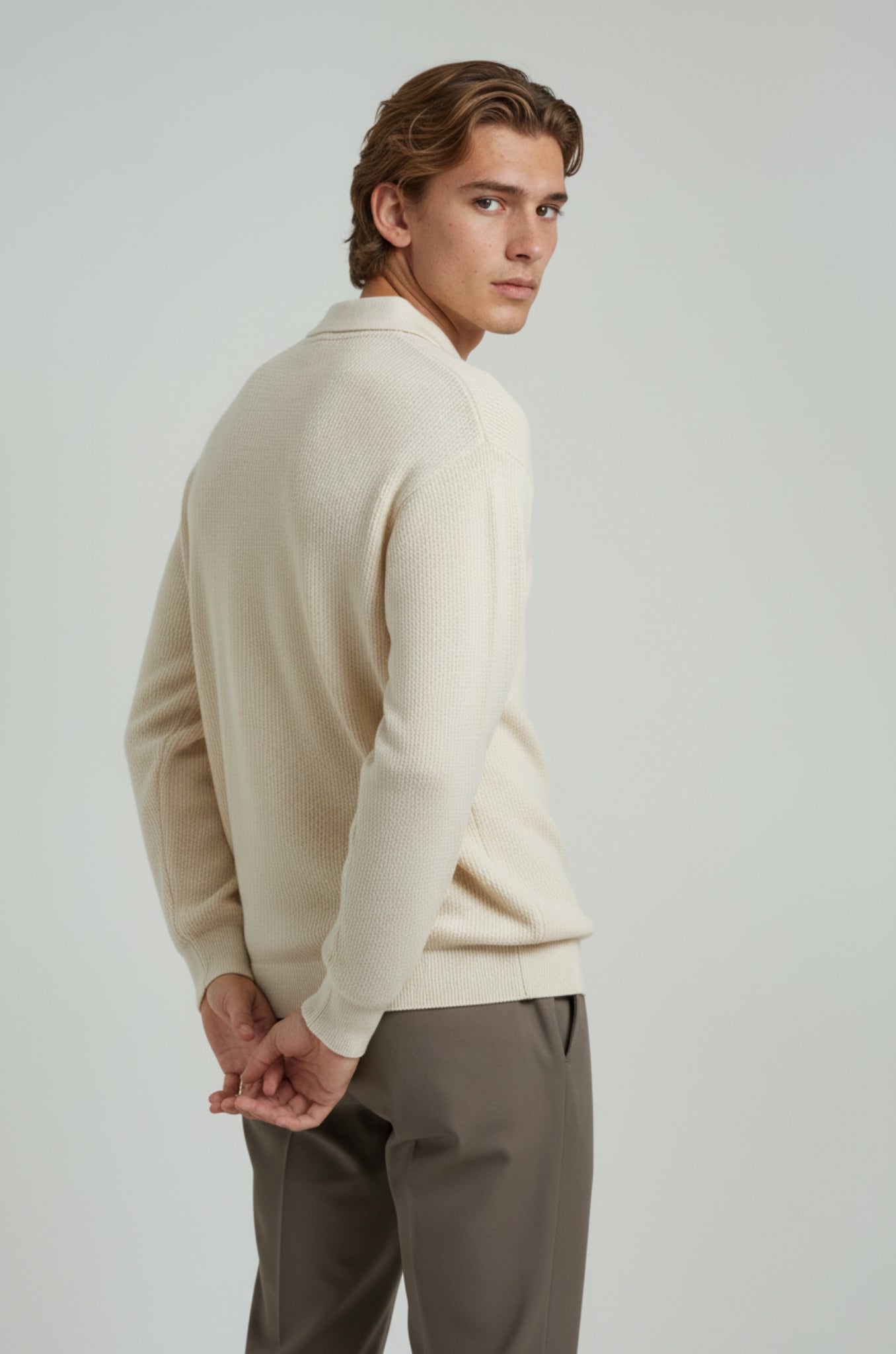 Herre polo strikskjorte med lange ærmer og krave – Creme – Regular Fit - - Sweatre - Valmont Wear