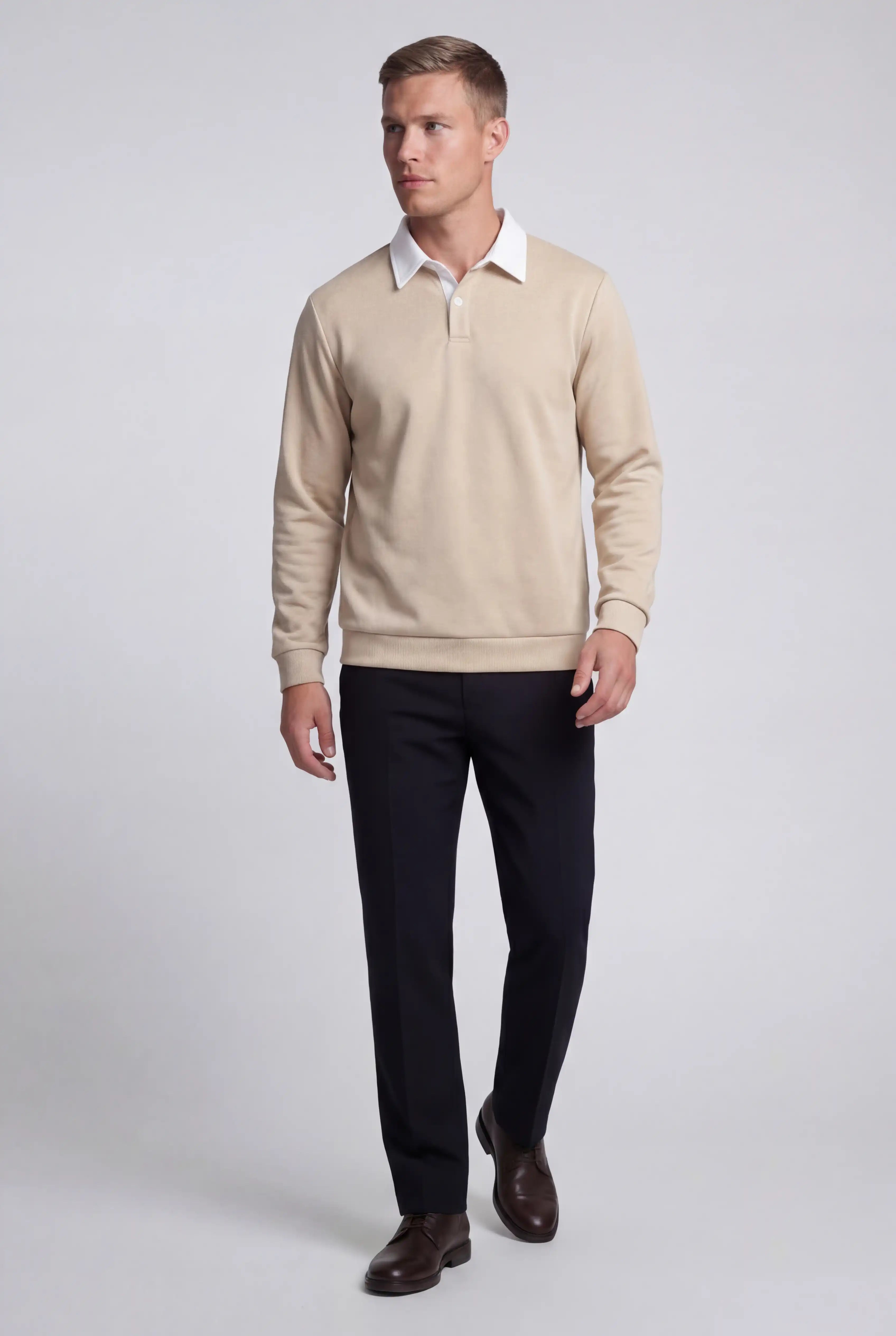 Herre Sweatshirt med Kontrastkrave og Polokrave – Beige