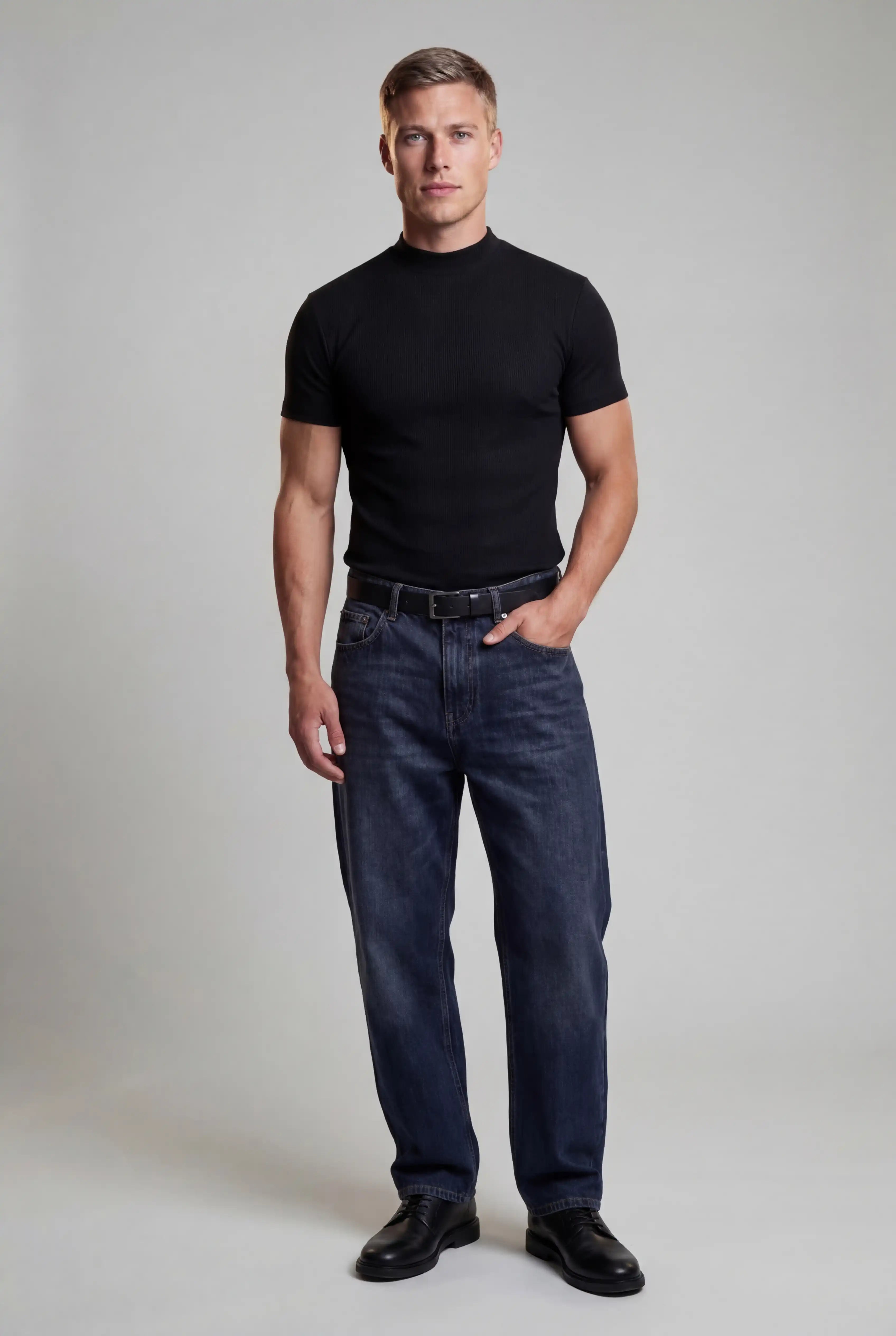 Herre Ribstrikket Mock Neck Slim Fit T-Shirt – Sort