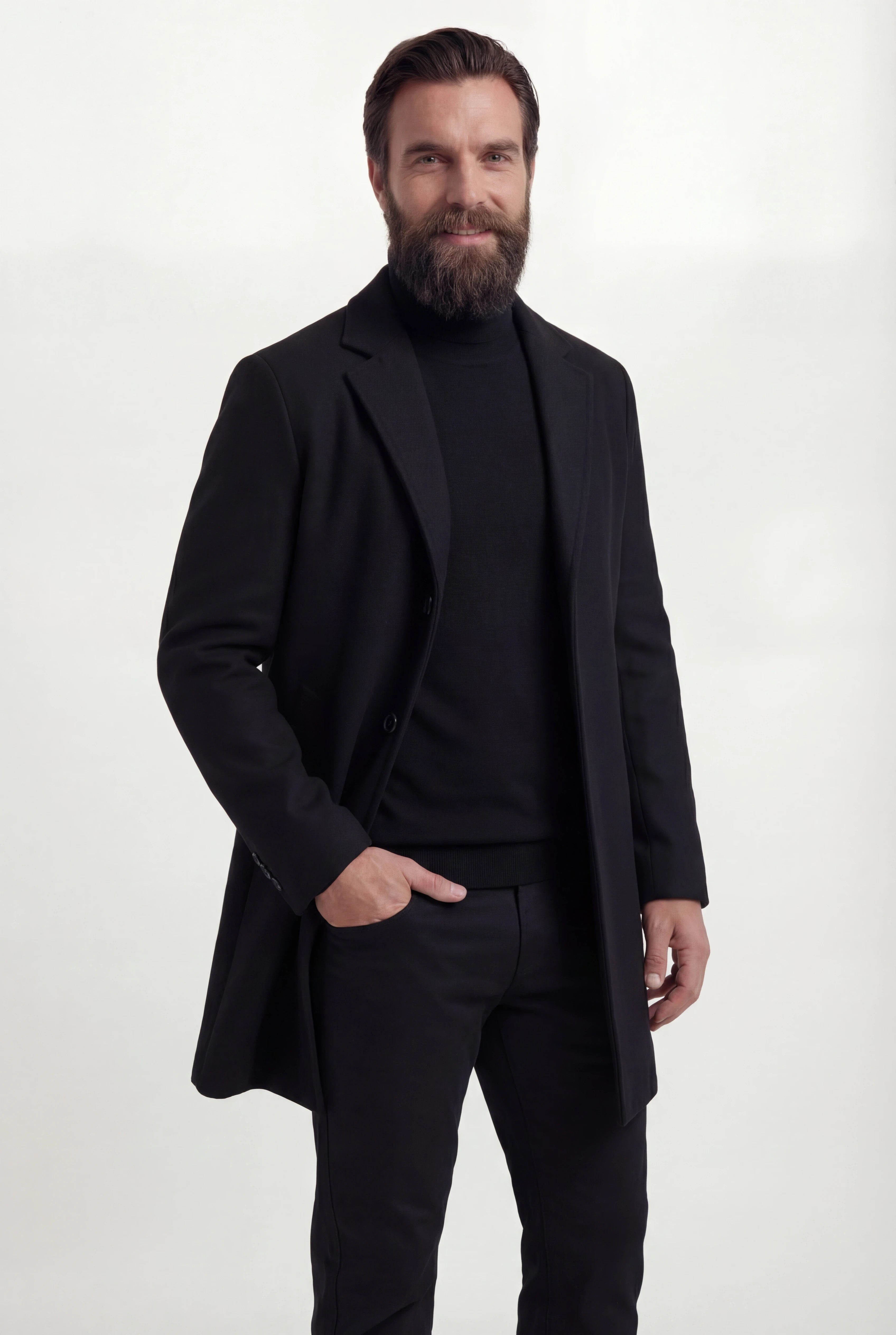 Herre enkeltradet sort frakke med revers og knaplukning