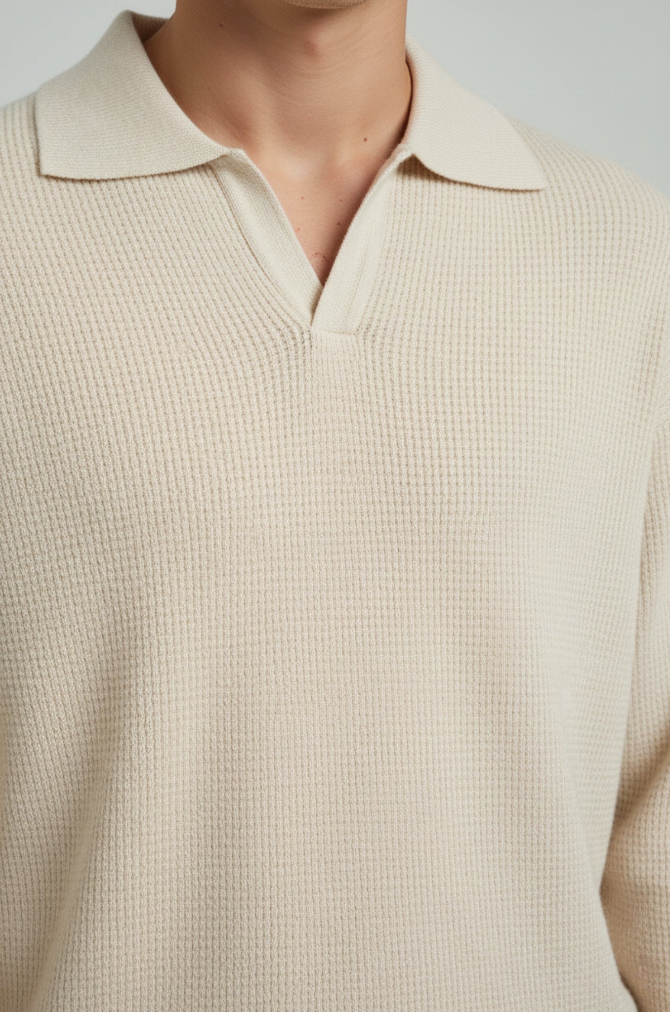 Herre polo strikskjorte med lange ærmer og krave – Creme – Regular Fit - - Sweatre - Valmont Wear