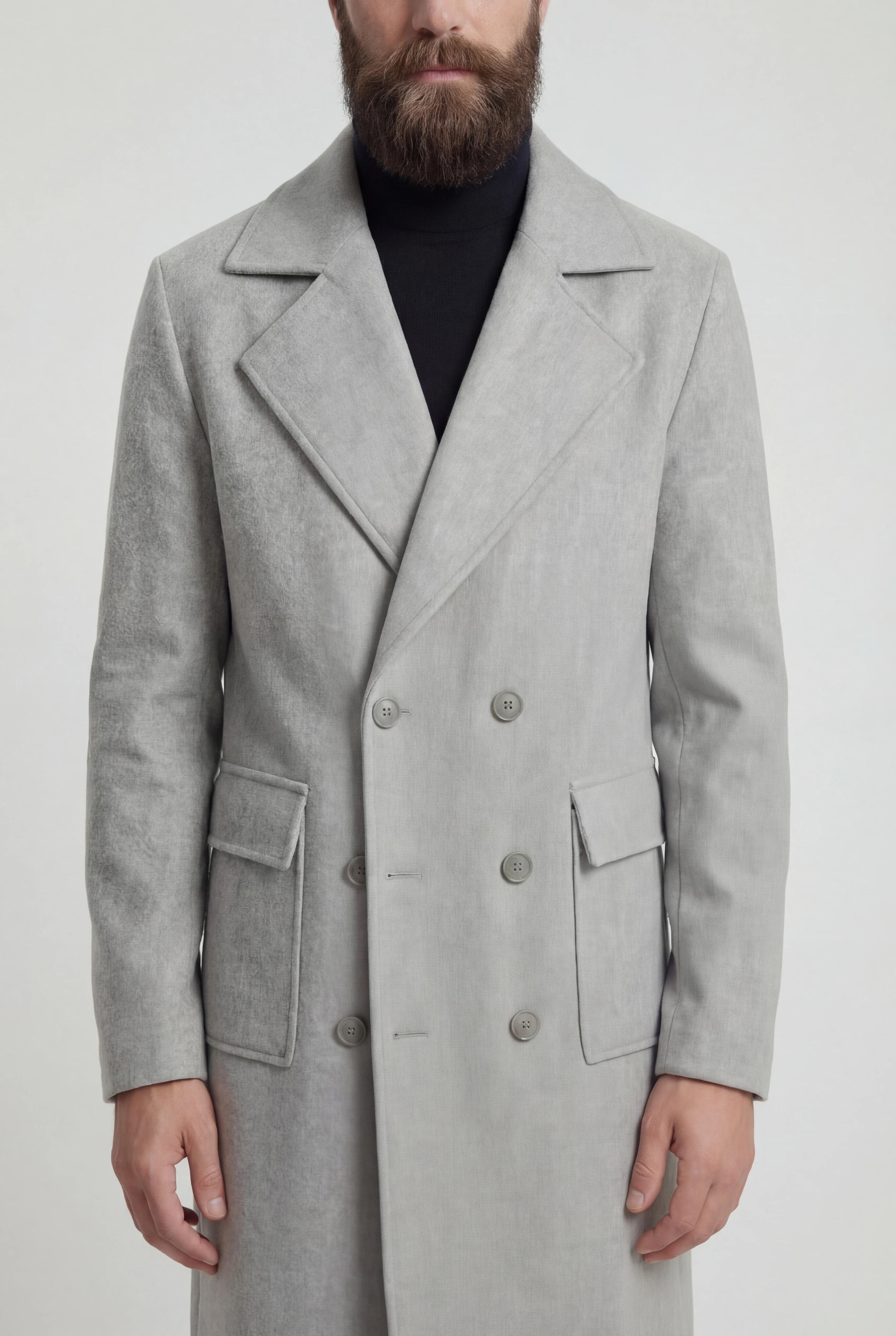 Herre dobbeltradet uldfrakke, knælængde, lysegrå