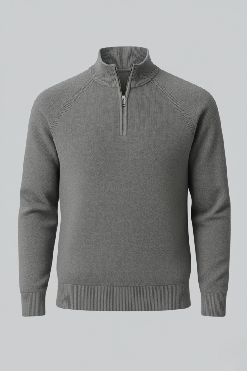 Herre Half-Zip Striktrøje med Ståkrave – Grå