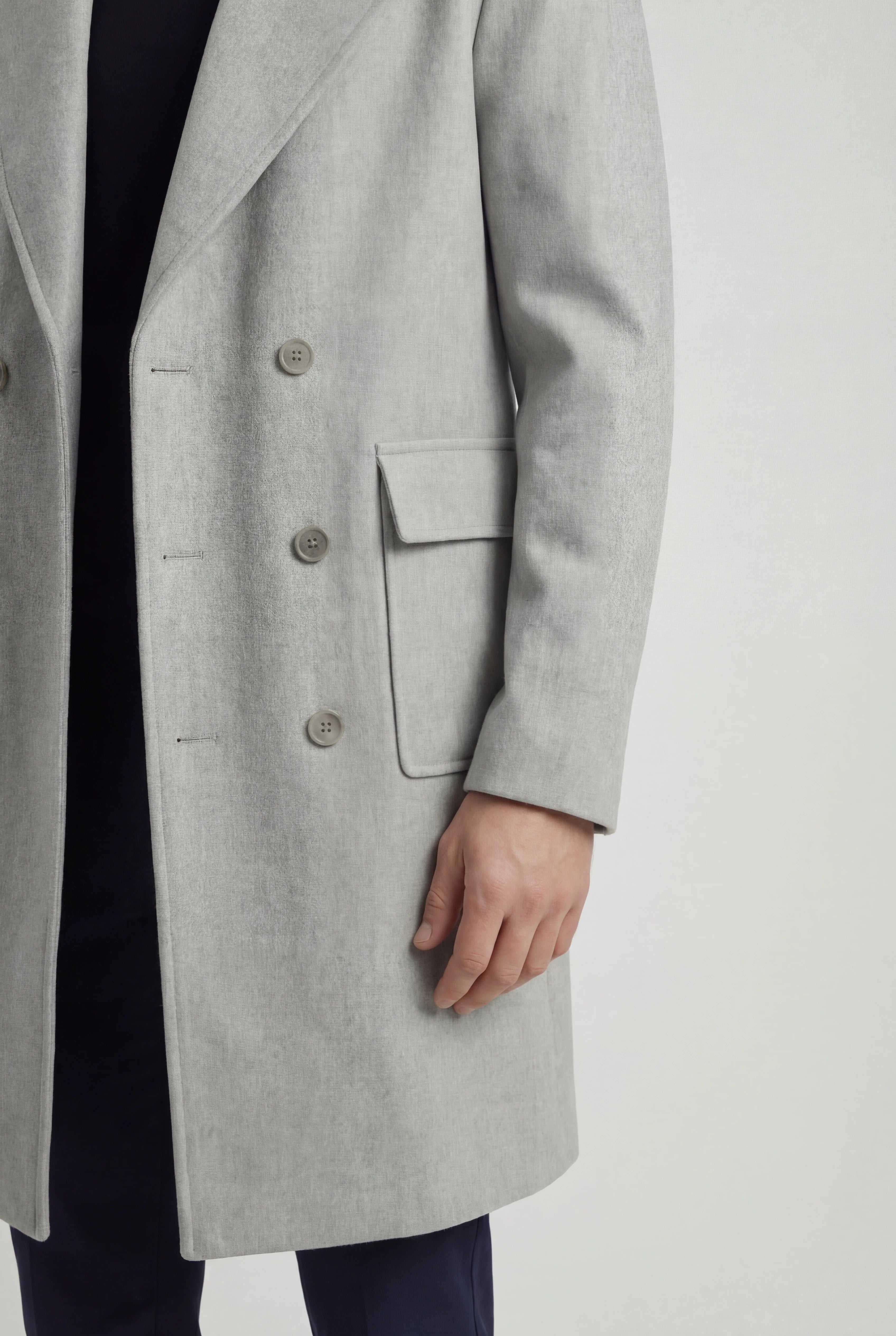 Herre dobbeltradet uldfrakke, knælængde, lysegrå