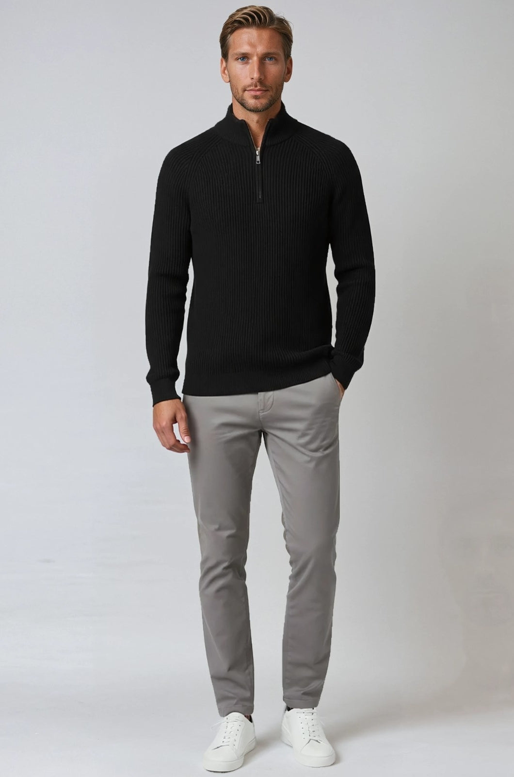 Herre Half-Zip Striktrøje med Ståkrave – Sort - - Striktrøje - Valmont Wear