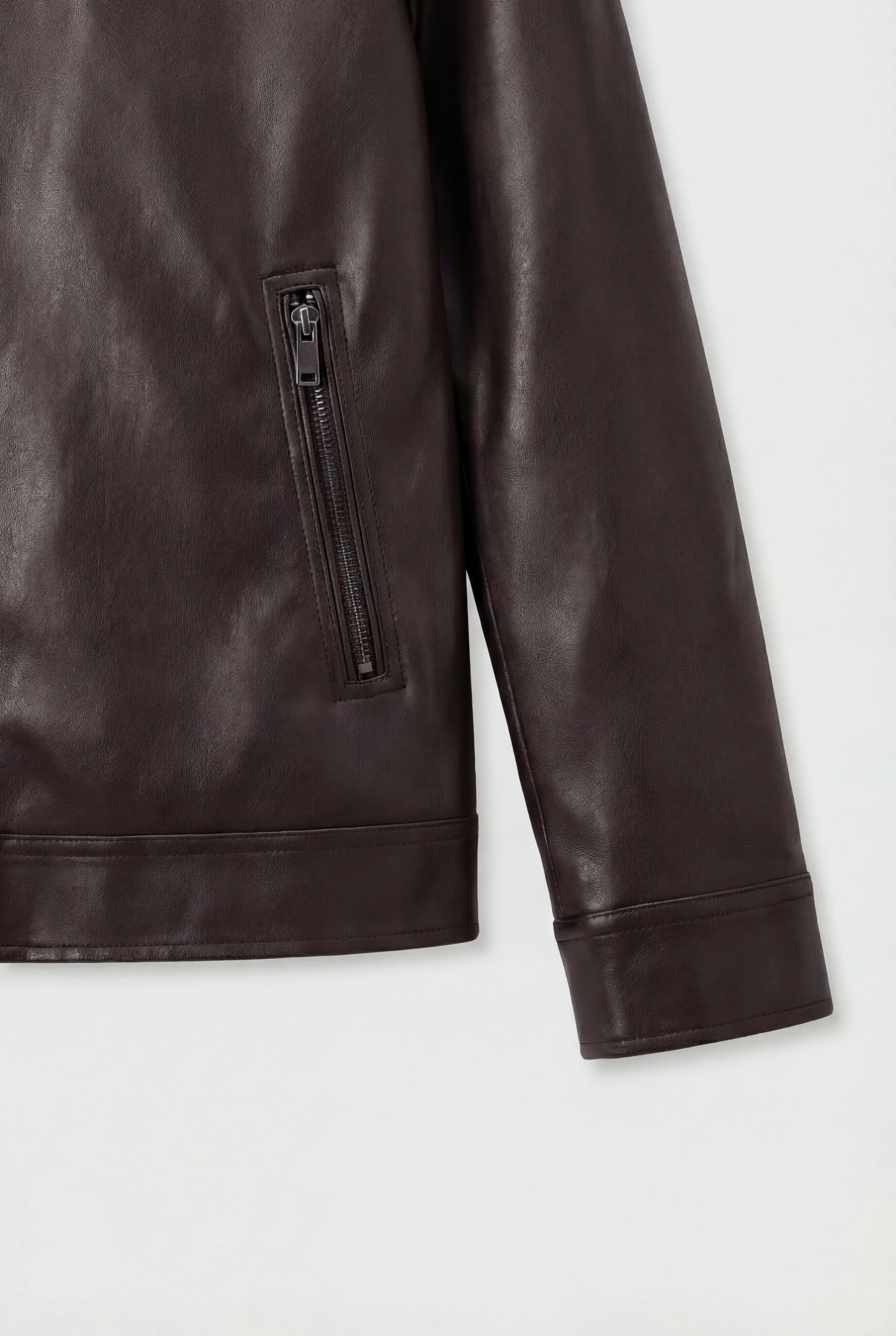 Herrejakke med læderlook og lynlåslukning – Mørkebrun