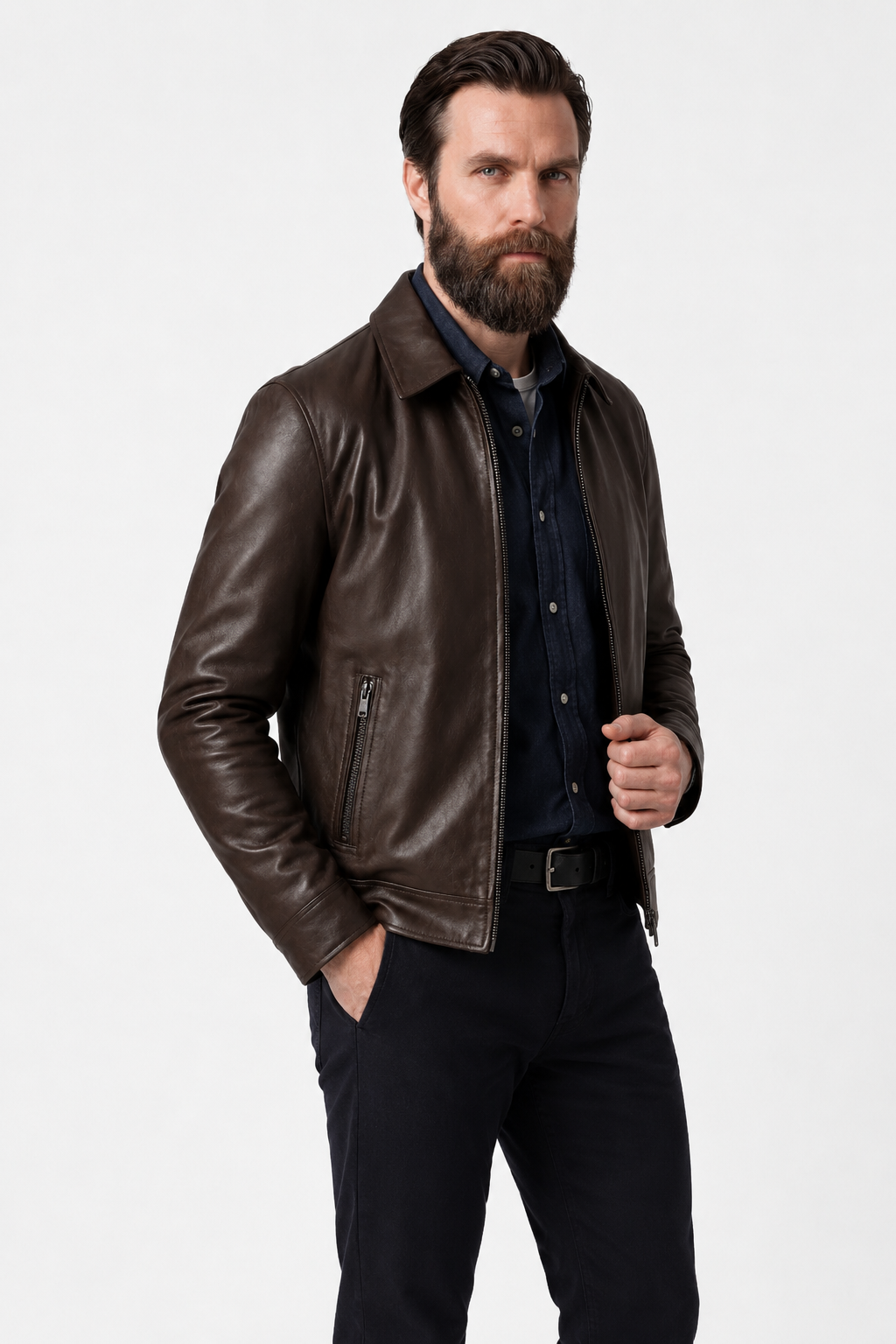 Herre Jakke i Mørkebrunt Kunstlæder – Stilfuld Læderlook Jakke med Lynlås - - Jakker - Valmont Wear