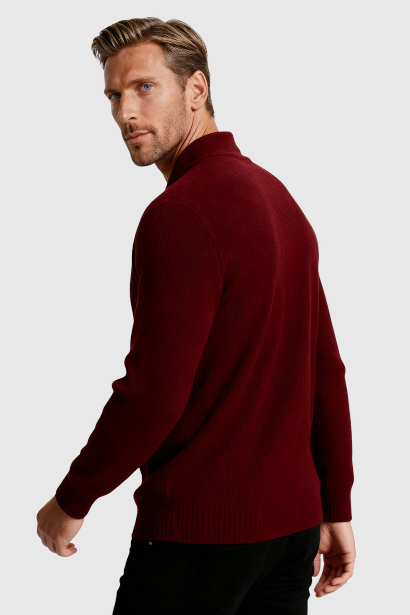 Herre Half-Zip Striktrøje med Ståkrave – Bourgogne