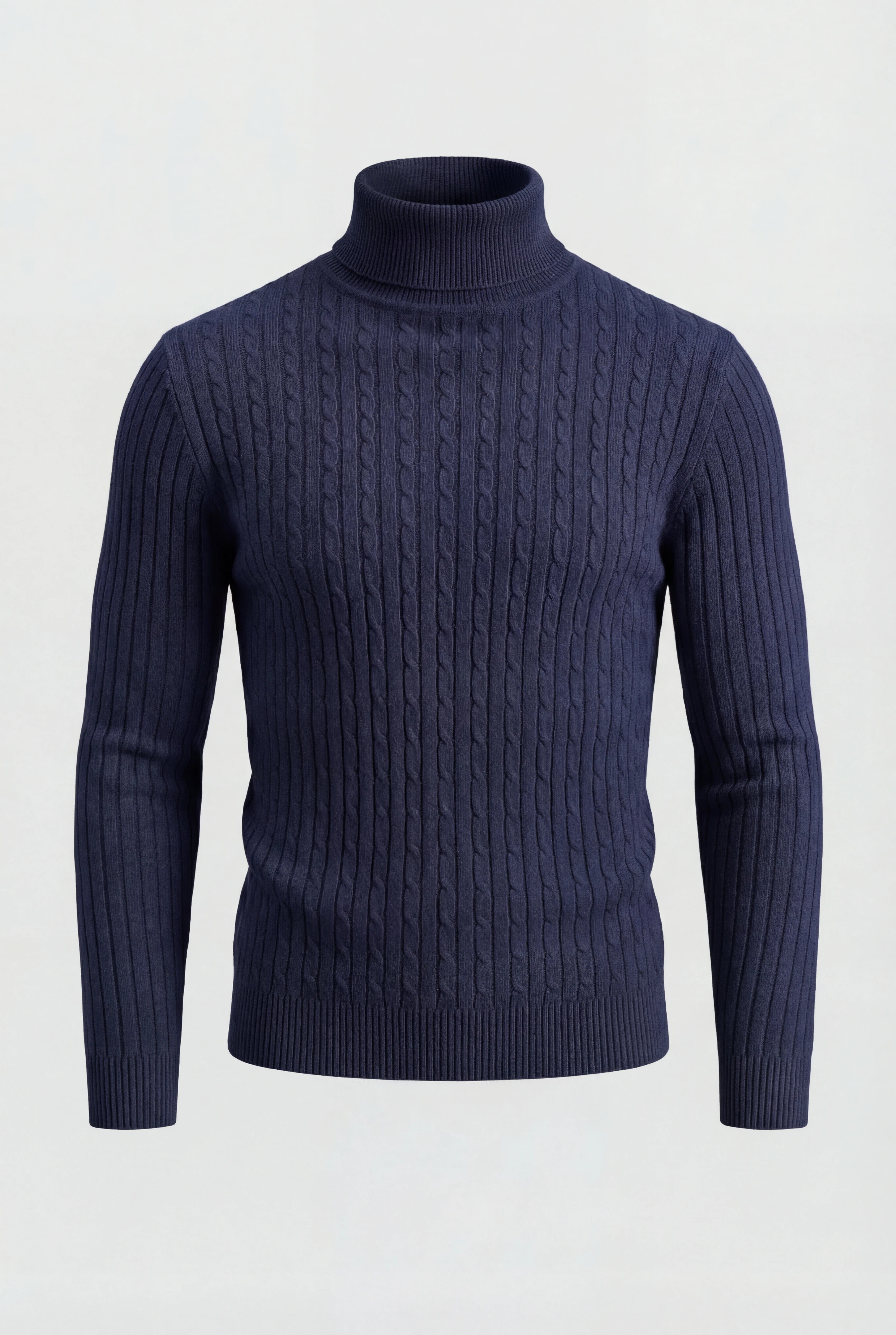 Herre rullekravesweater i kabelstrik med regular fit – Marineblå