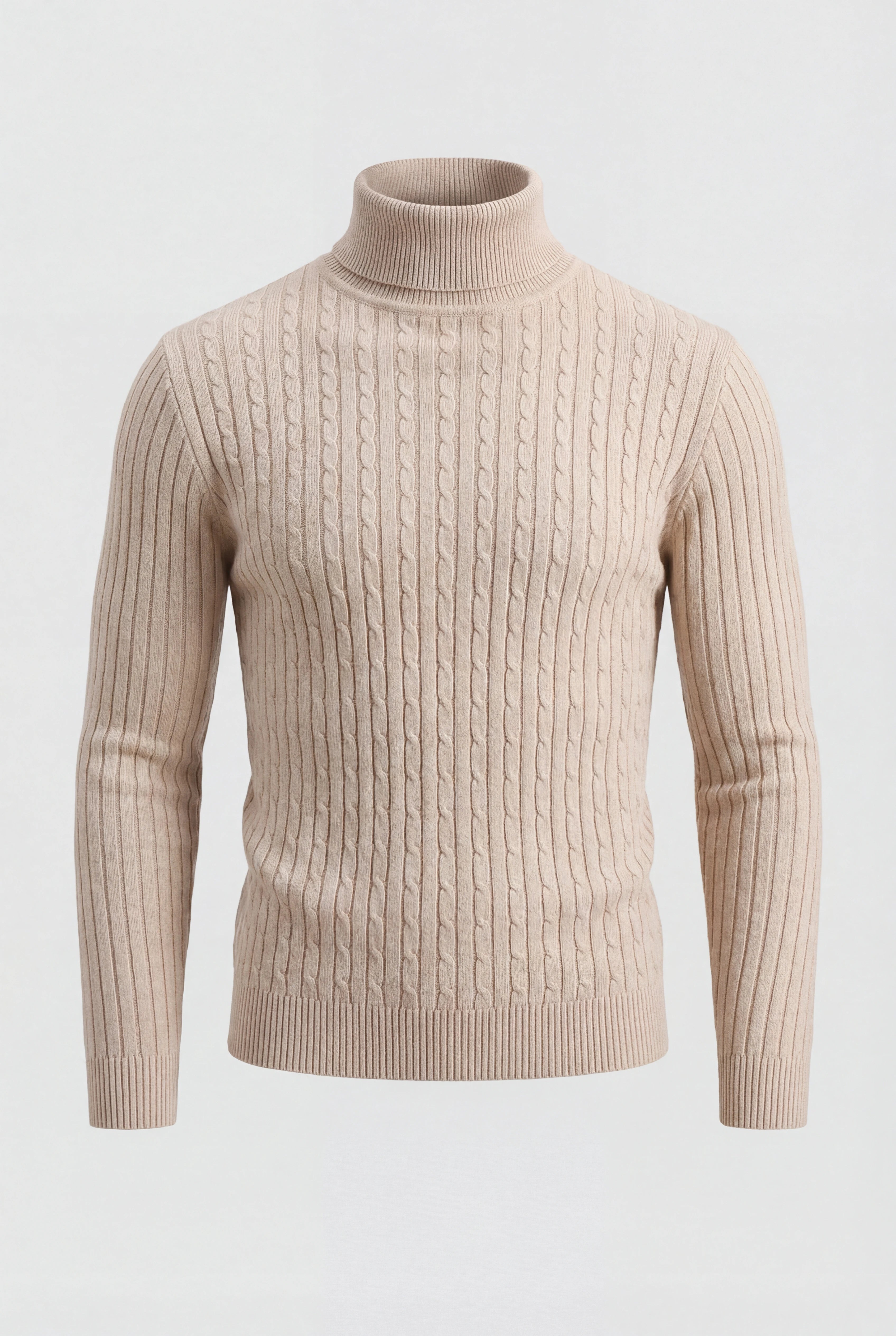 Herre rullekravesweater i kabelstrik med regular fit – Beige