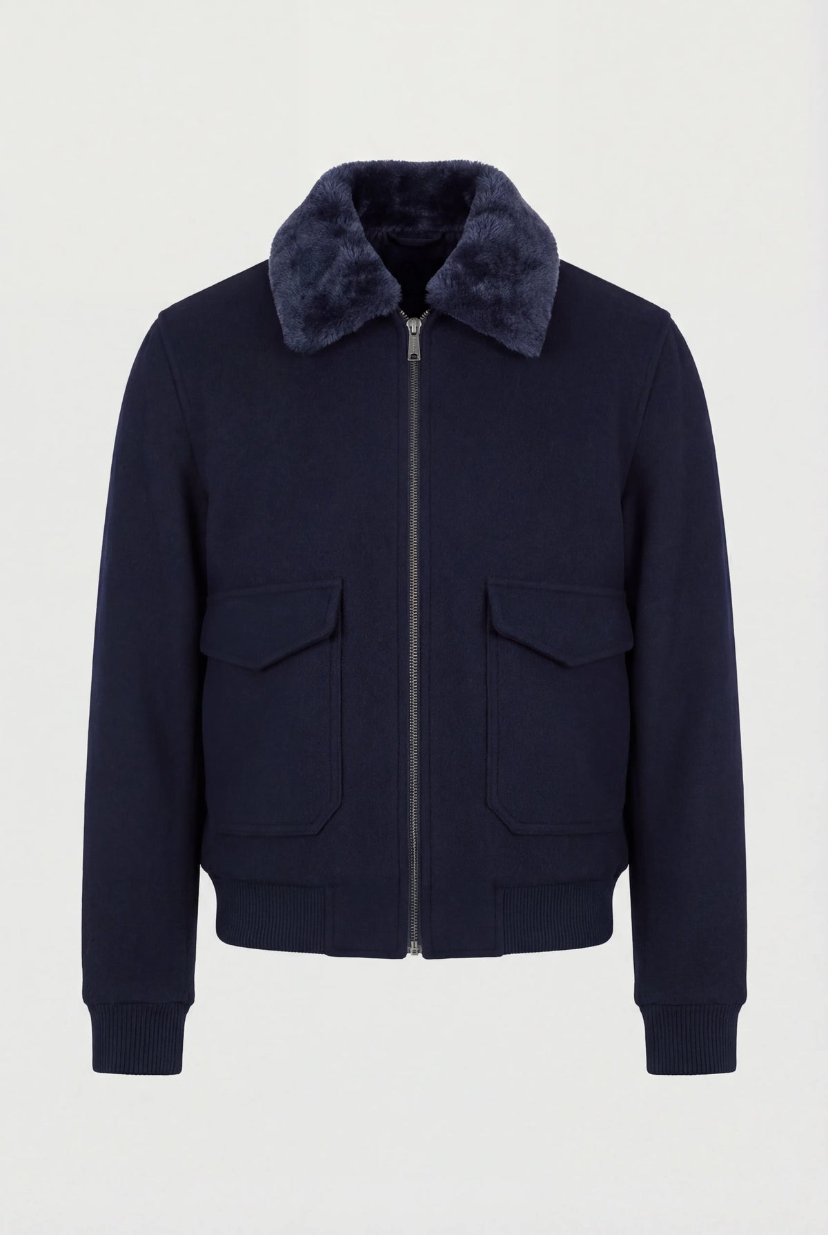 Kort herrejakke med pelsforet krave - lynlåslukning - mørk navy - Bomberjakke - Valmont Wear