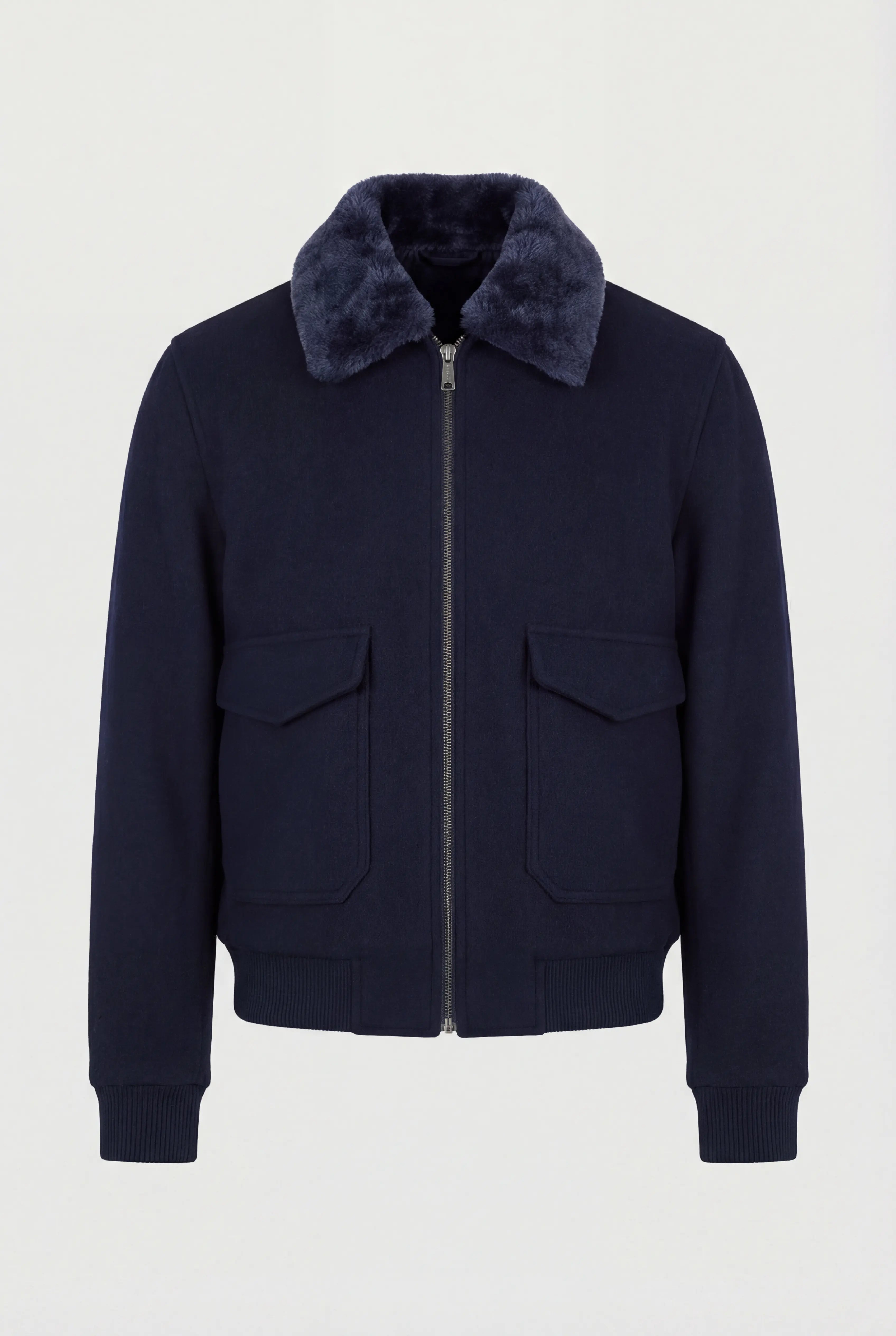 Kort herrejakke med pelsforet krave – lynlåslukning – mørk navy