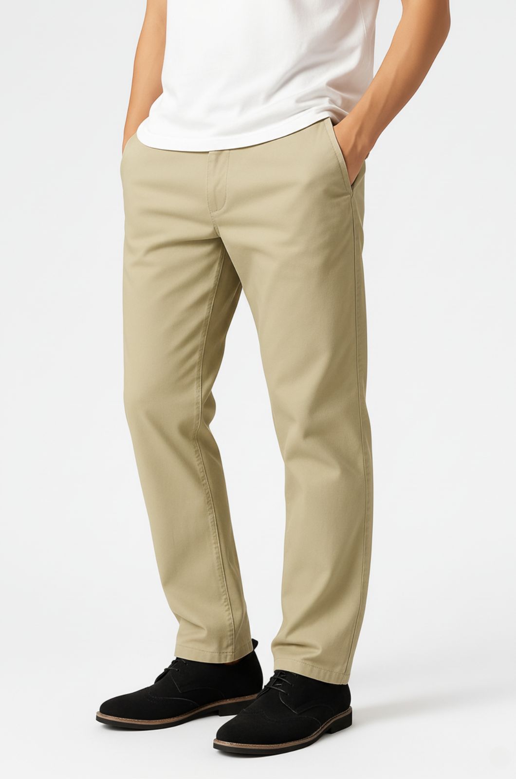 Herrebukser – Straight Fit Bomuld med Stræk – Khaki – Fire Årstider – Kontor & Casual - Khaki - Pants - Valmont Wear