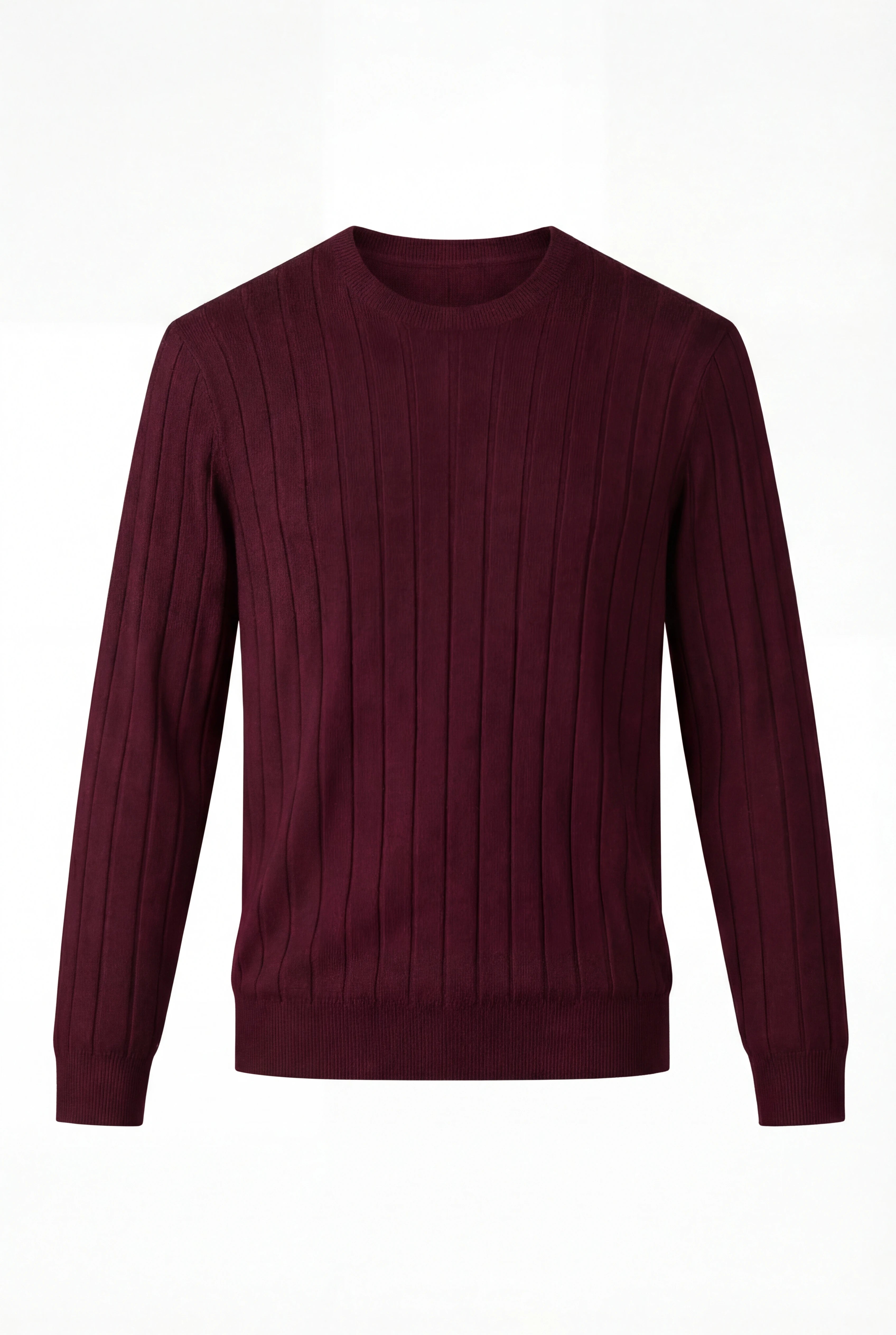 Ribstrikket herresweater med rund hals – Langærmet, bourgogne
