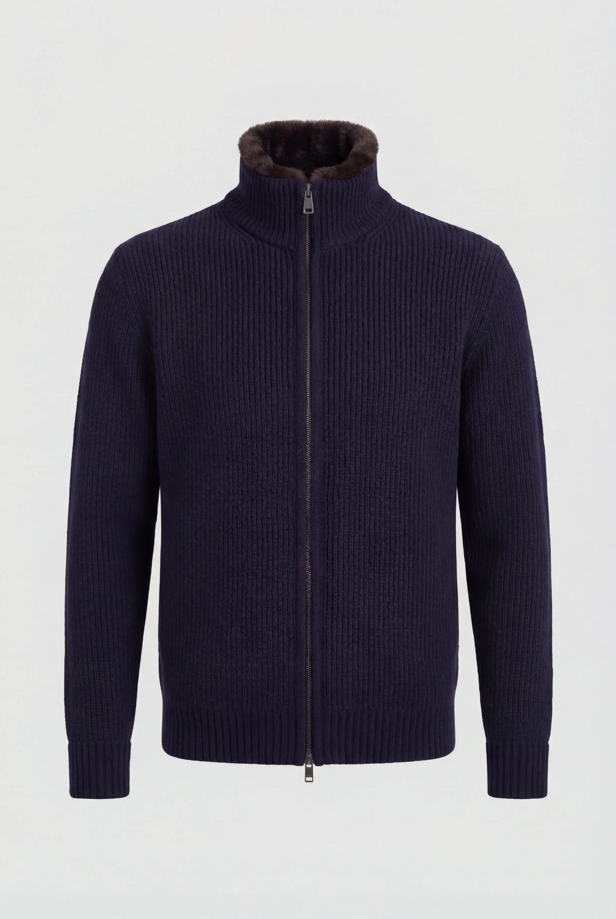 Strikjakke i uld med lynlås og pelsforet krave til mænd - Navy - Regular fit - Jakker - Valmont Wear
