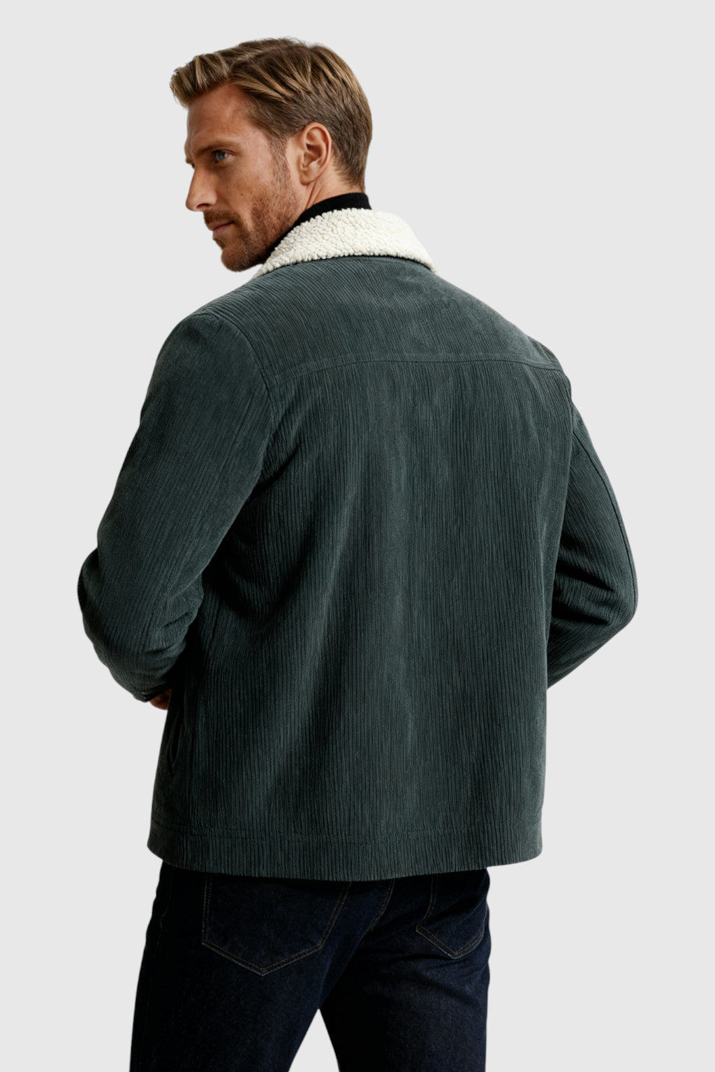 Herrejakke i fløjl med sherpa-krave og trykknapper - Mørk Koksgrå - - Jakker - Valmont Wear