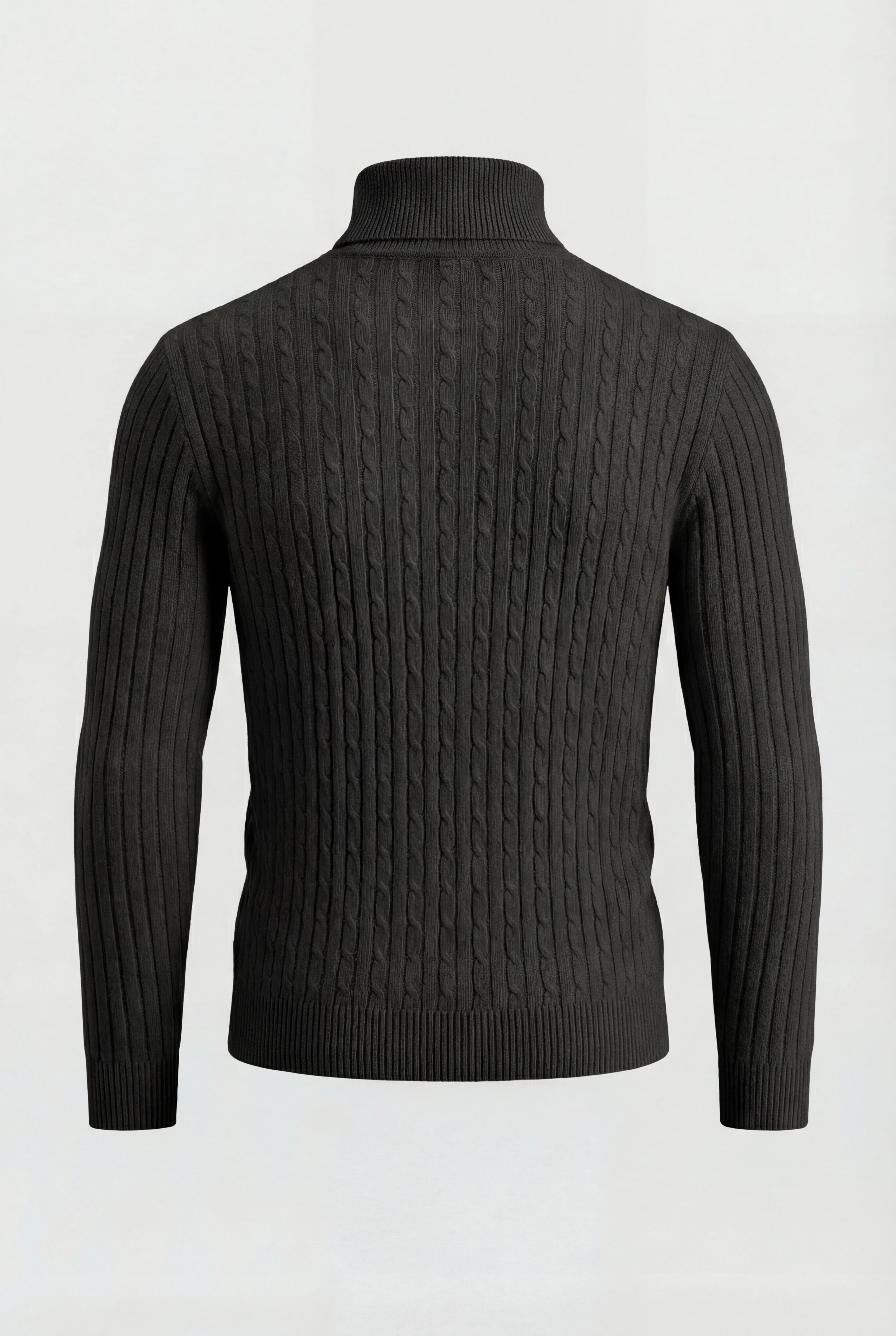 Herre rullekravesweater i kabelstrik med regular fit – Sort