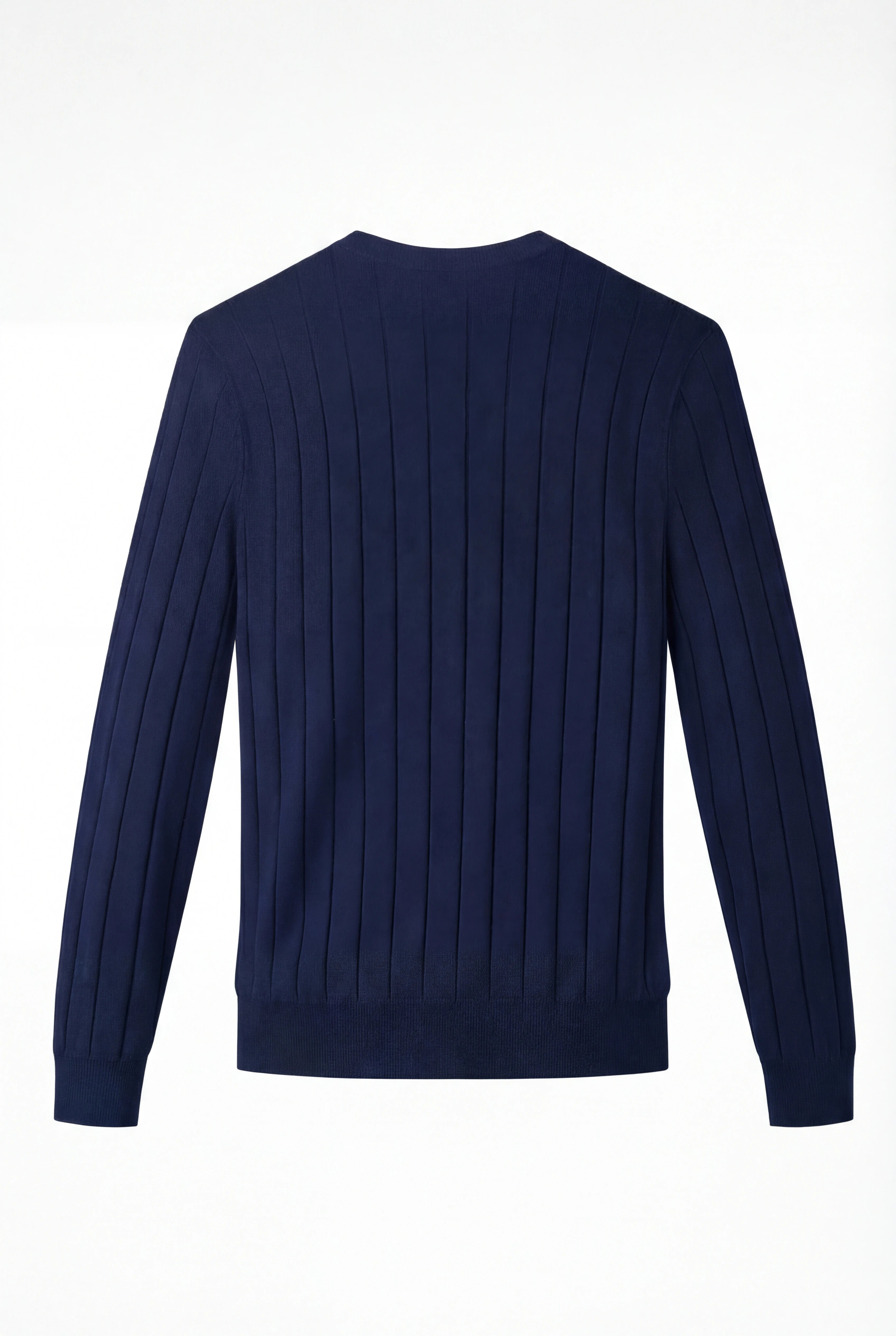 Ribstrikket herresweater med rund hals – Langærmet, navyblå