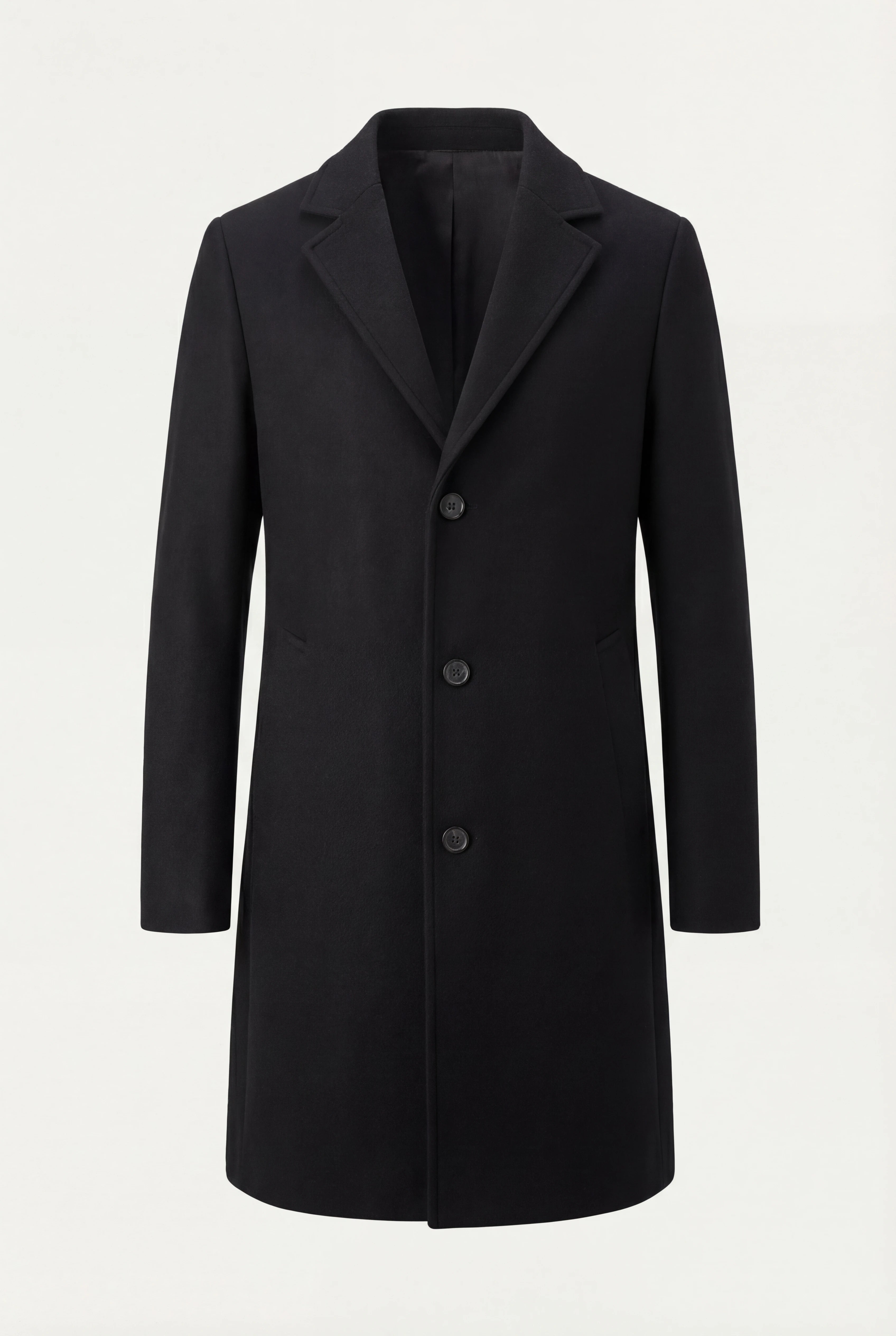 Herre enkeltradet sort frakke med revers og knaplukning